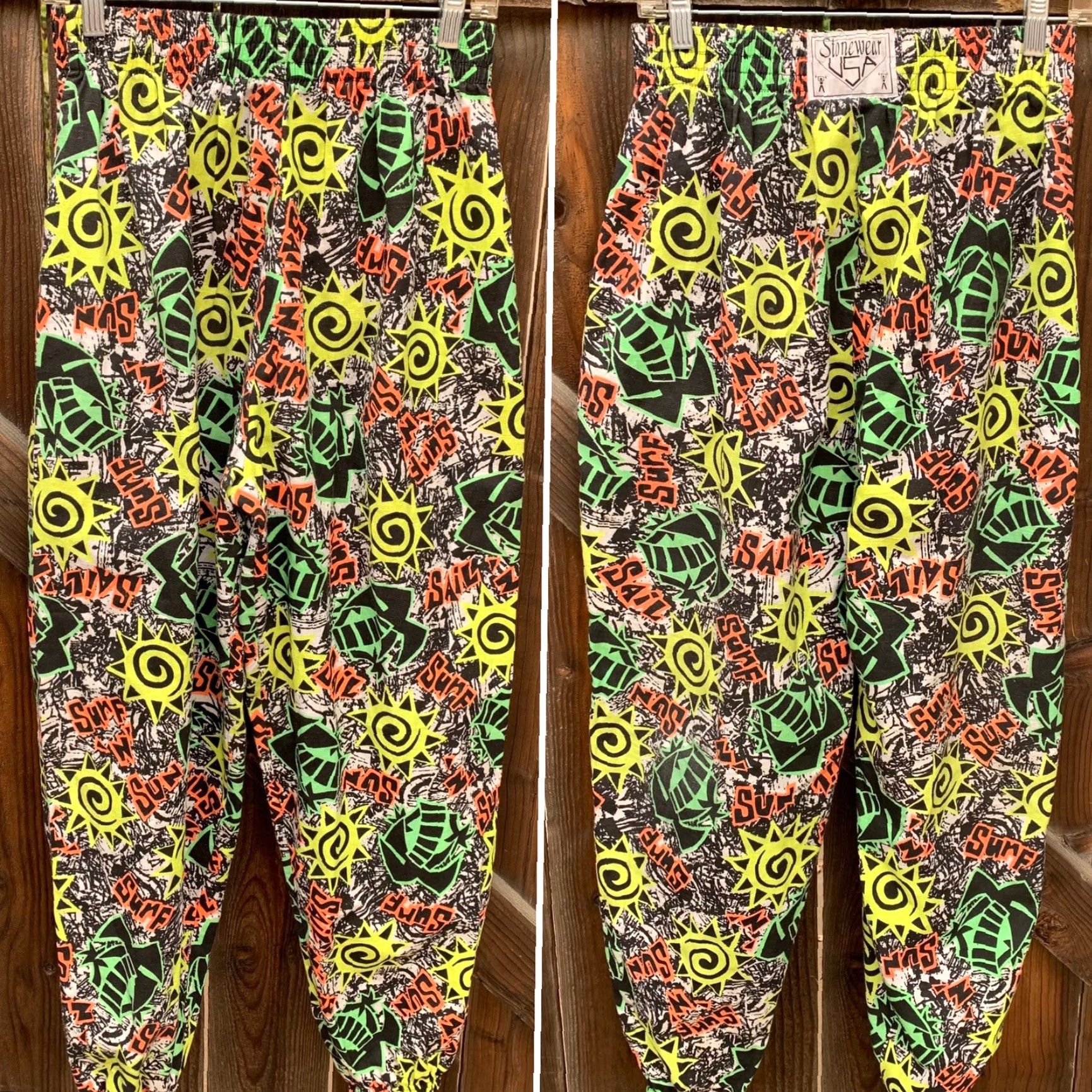 Vintage VINTAGE Stonewear USA muscle pants neon geometric beach surf n sun sail Sz S M Mens Size US 29 - 7 Thumbnail
