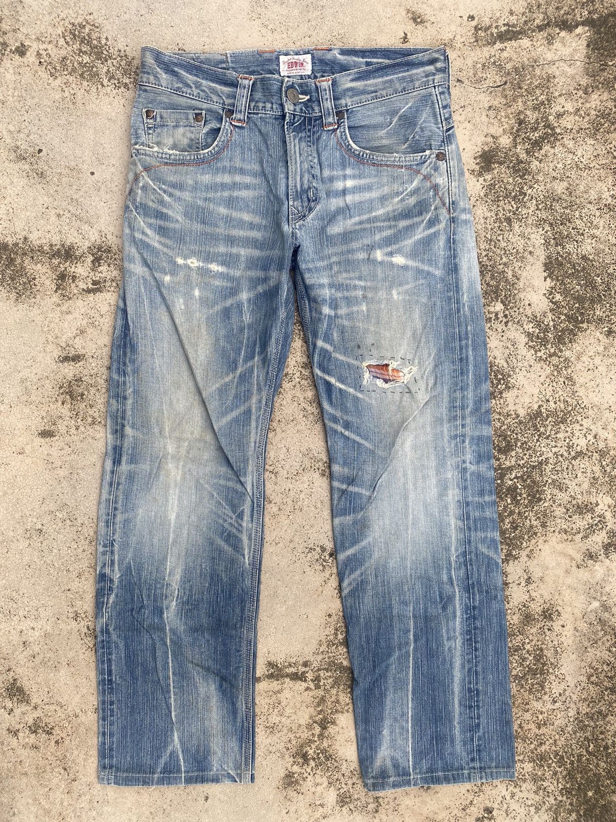 Edwin × Japanese Brand × Vintage Vintage y2K Edwin Distressed Honeycomb Denim Jeans Size US 33 - 1 Thumbnail
