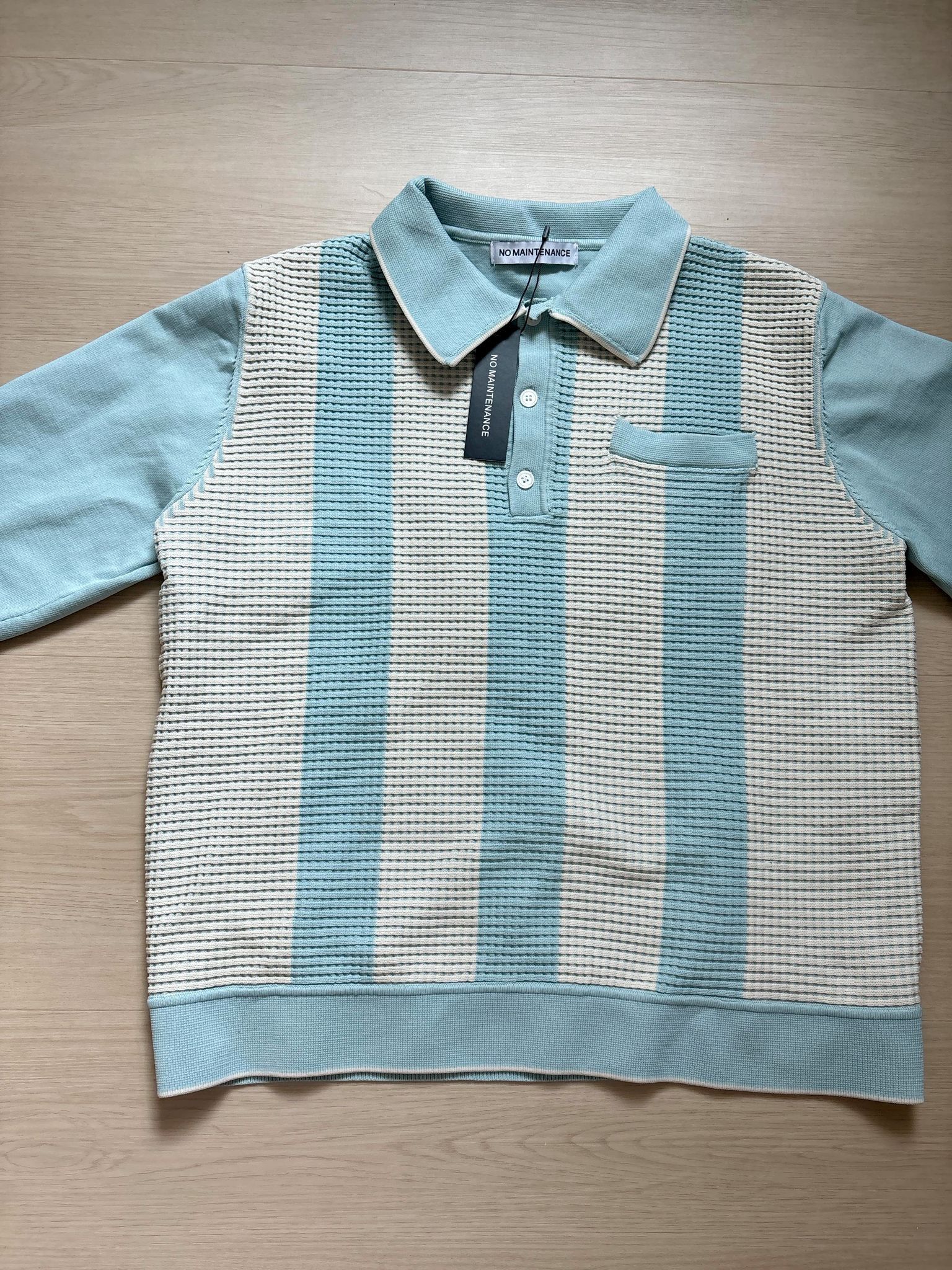 image of No Maintenance Baby Blue And Cream Knit Long Sleeve Polo, Men's (Size XS)