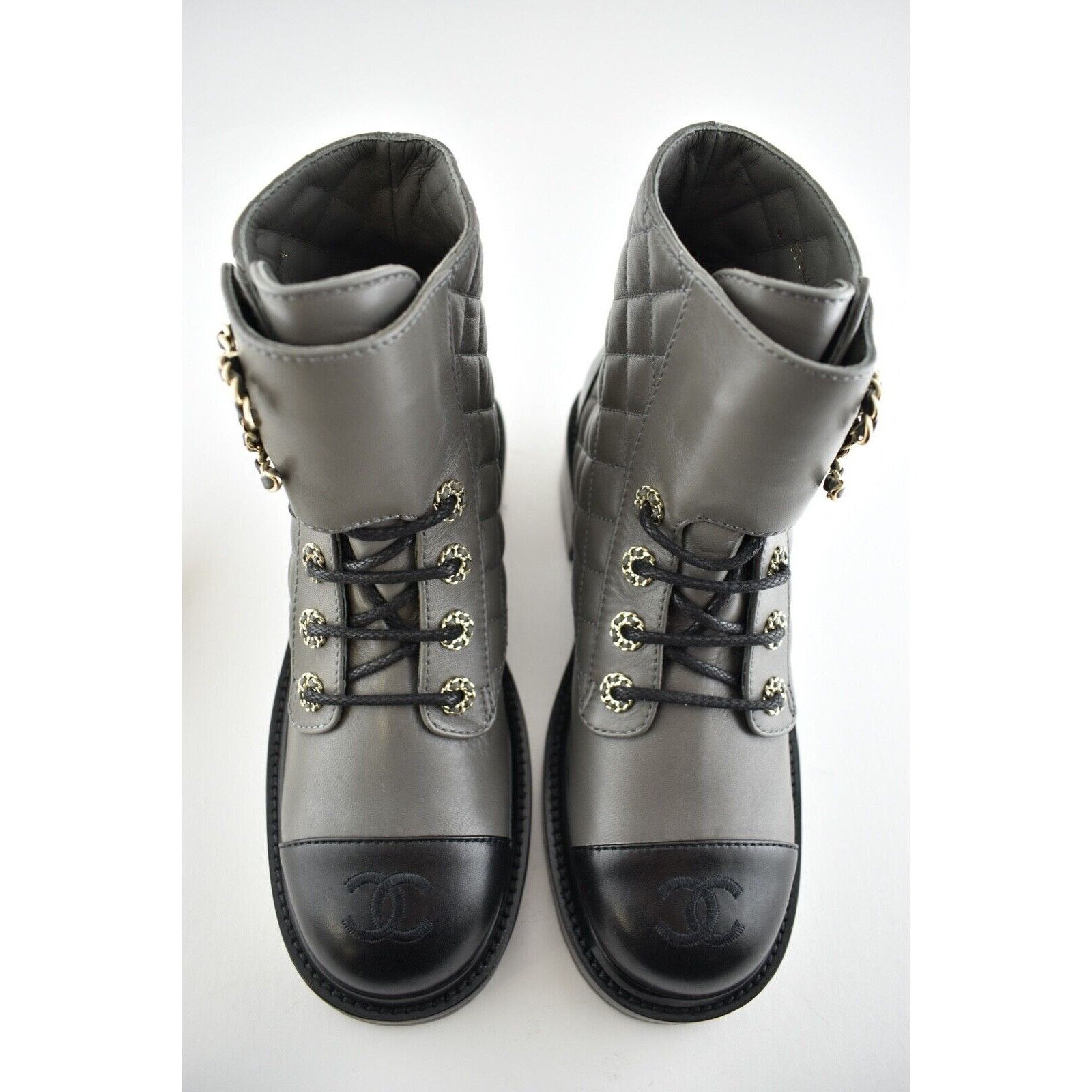 Chanel Chanel 21A Grey Black Quilted CC Chain Combat Lace Up Size US 10 / IT 40 - 7 Thumbnail