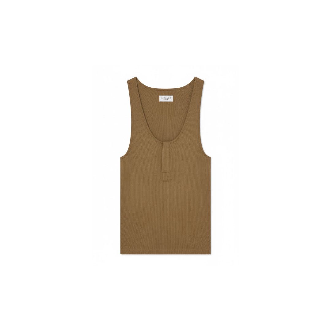 Saint Laurent Paris oc11z1125 Henley Tank Top in Cotton Twill in Brown Size XS / US 0-2 / IT 36-38 - 1 Preview