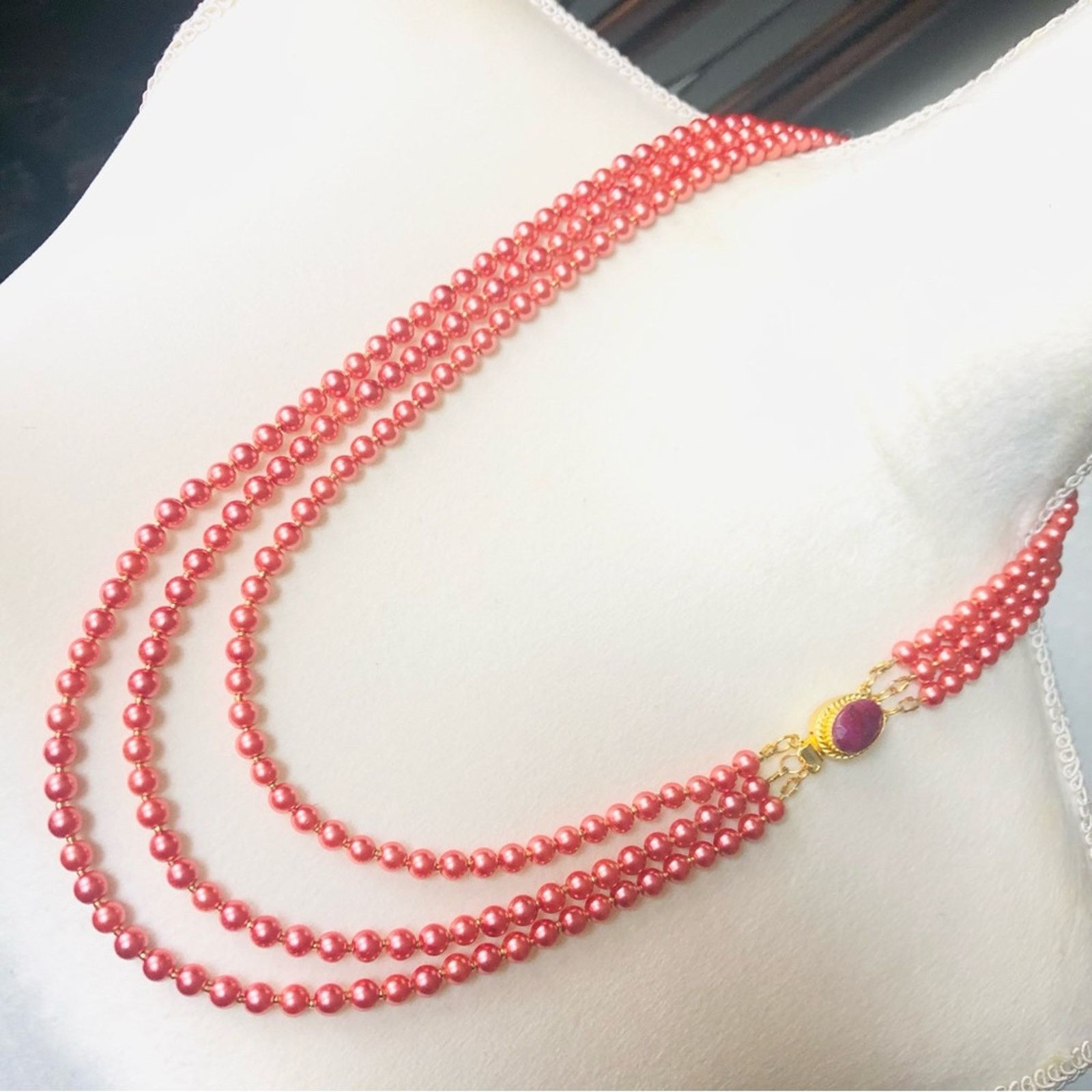 Handmade Handcrafted triple strand rose pearl genuine ruby necklace Size ONE SIZE - 1 Thumbnail