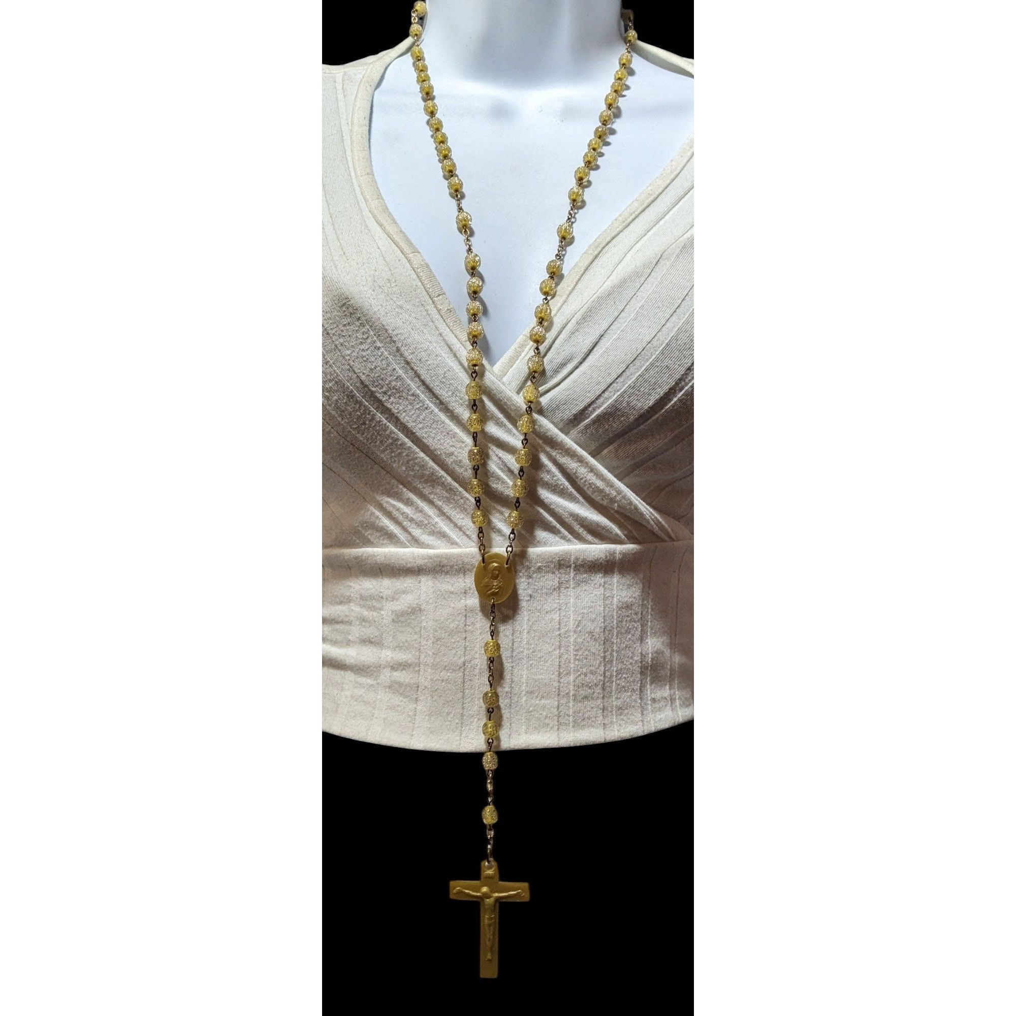 Other Gold Tone Yellow Glitter Beaded Rosary Necklace Size ONE SIZE - 5 Thumbnail