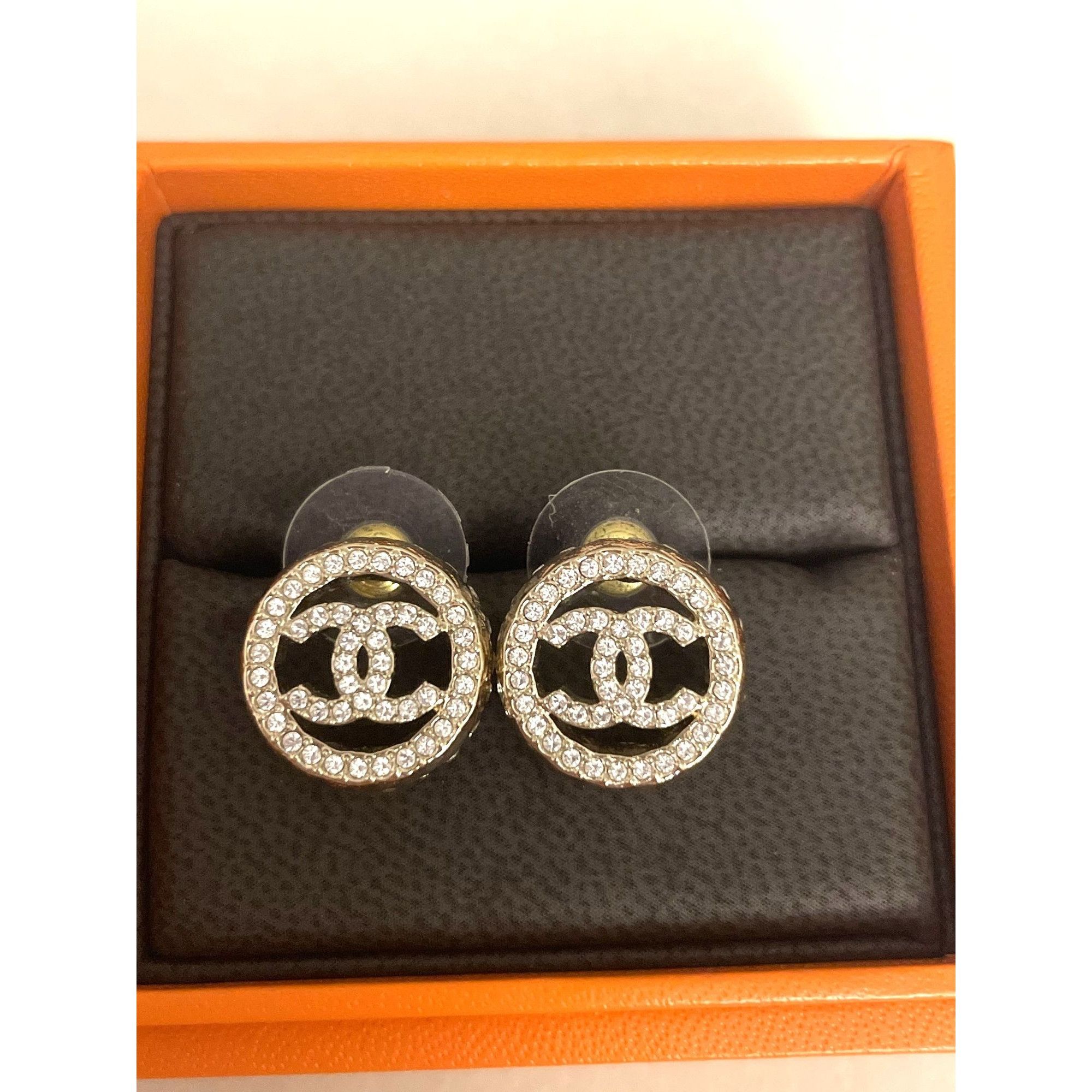 Chanel Chanel Gold-Tone Crystal Logo Earrings In Original Box Size ONE SIZE - 1 Thumbnail
