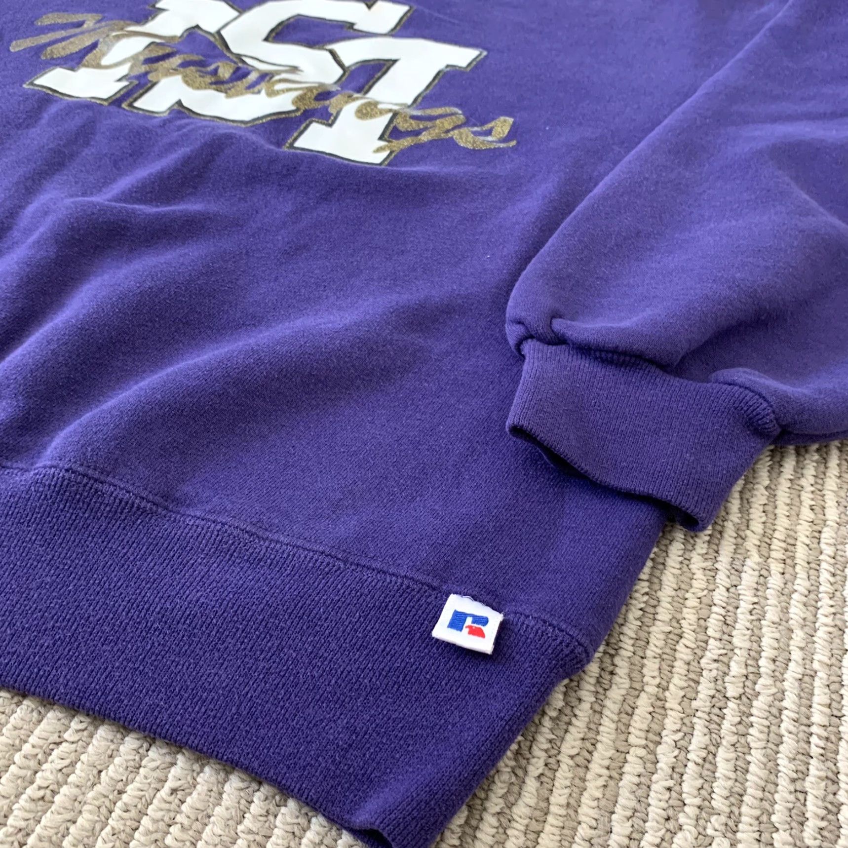Russell Athletic VINTAGE Russell Athletic Mustang Purple Crewneck Pullover Sweater Size L USA Mens 90s Crew Neck Graphic Print Fleece Cotton Size US L / EU 52-54 / 3 - 6 Thumbnail