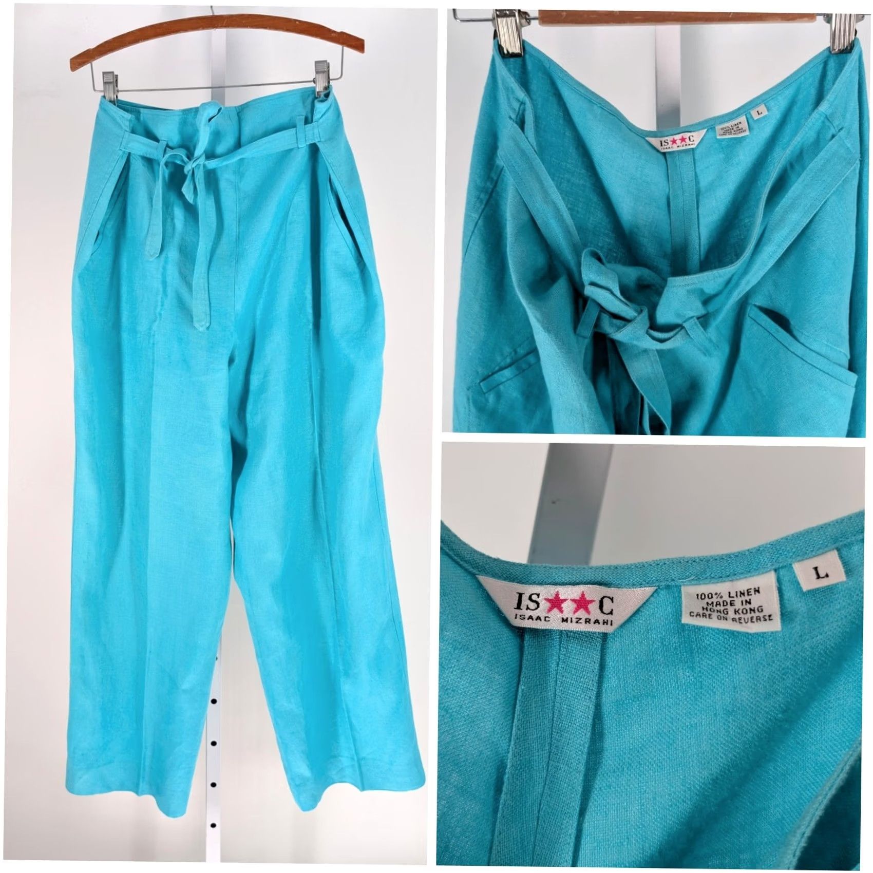 Isaac Mizrahi VINTAGE Isaac Mizrahi Linen Pants Teal High Waist Wrap Tie Wide Leg Large Size 36" / US 14 / IT 50 - 2 Thumbnail