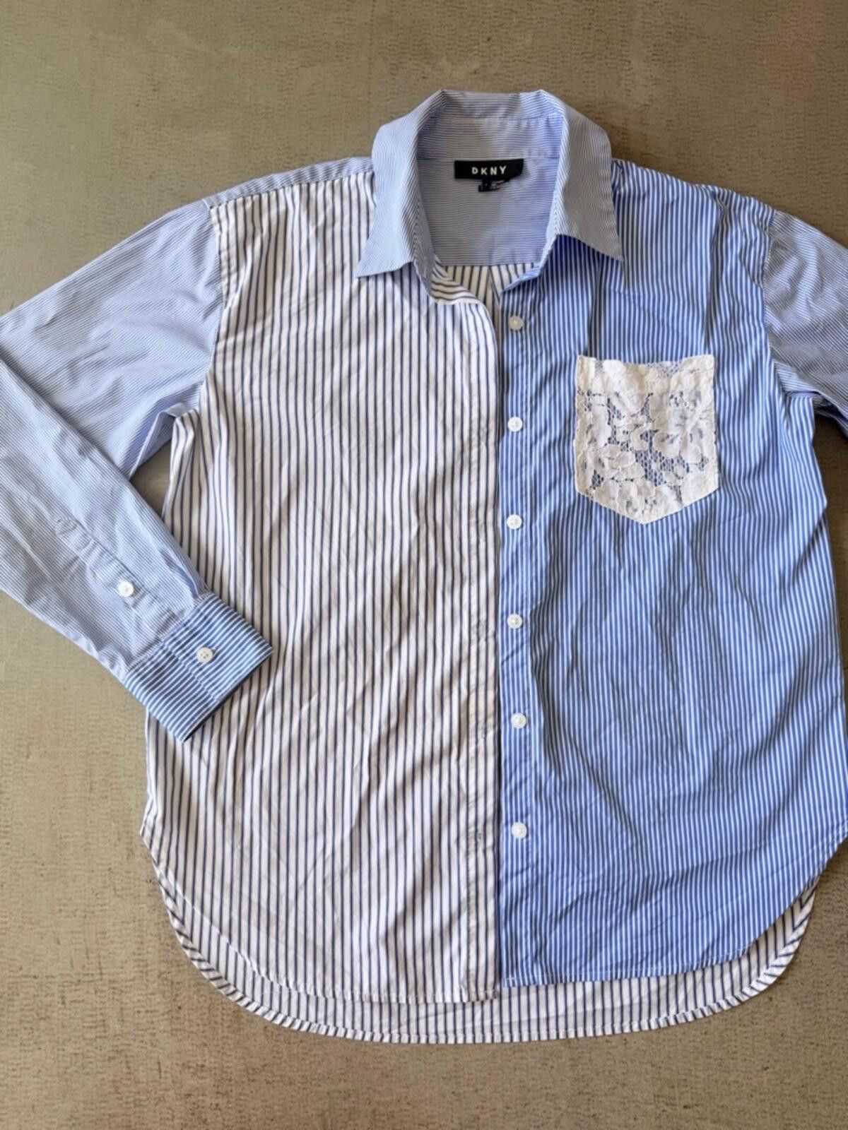 DKNY DKNY / Lace Pocket Striped Button Down Shirt / Blue White Size S / US 4 / IT 40 - 1 Thumbnail