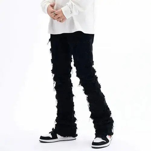 Jean Black Striped Tassel Frayed Straight Baggy Jeans Pants Size US 34 / EU 50 - 1 Thumbnail