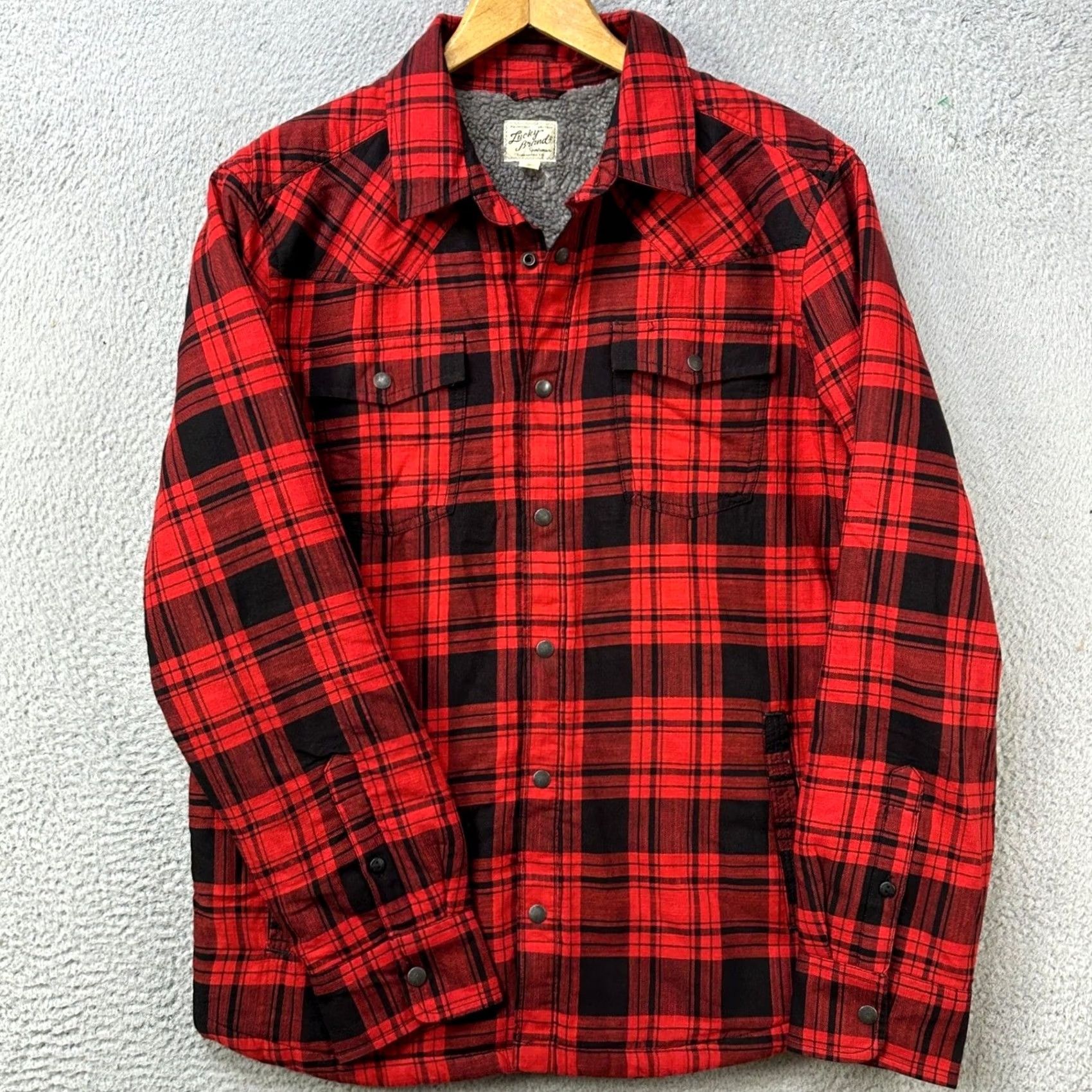Lucky Brand Lucky Brand Mens Large Shirt Flannel Shacket Red Plaid Heavyweight Lined Sherpa Button-Up Long Sleeve Collared Striped Accent Casual Winter Fall Mens Size US L / EU 52-54 / 3 - 4 Thumbnail