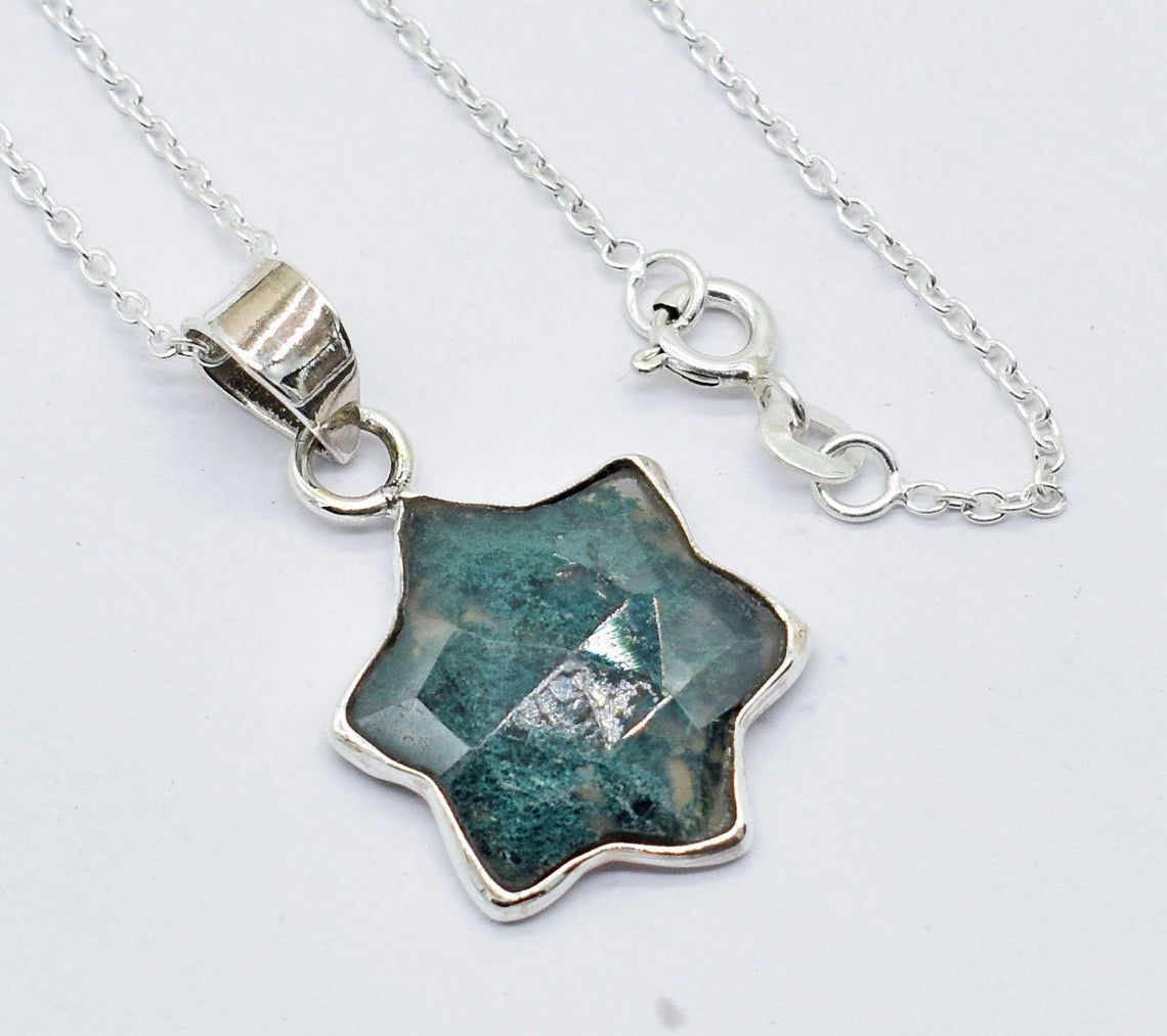 Handmade Star Moss Agate 925 Sterling Silver Necklace - 18 Inch Size ONE SIZE - 1 Thumbnail