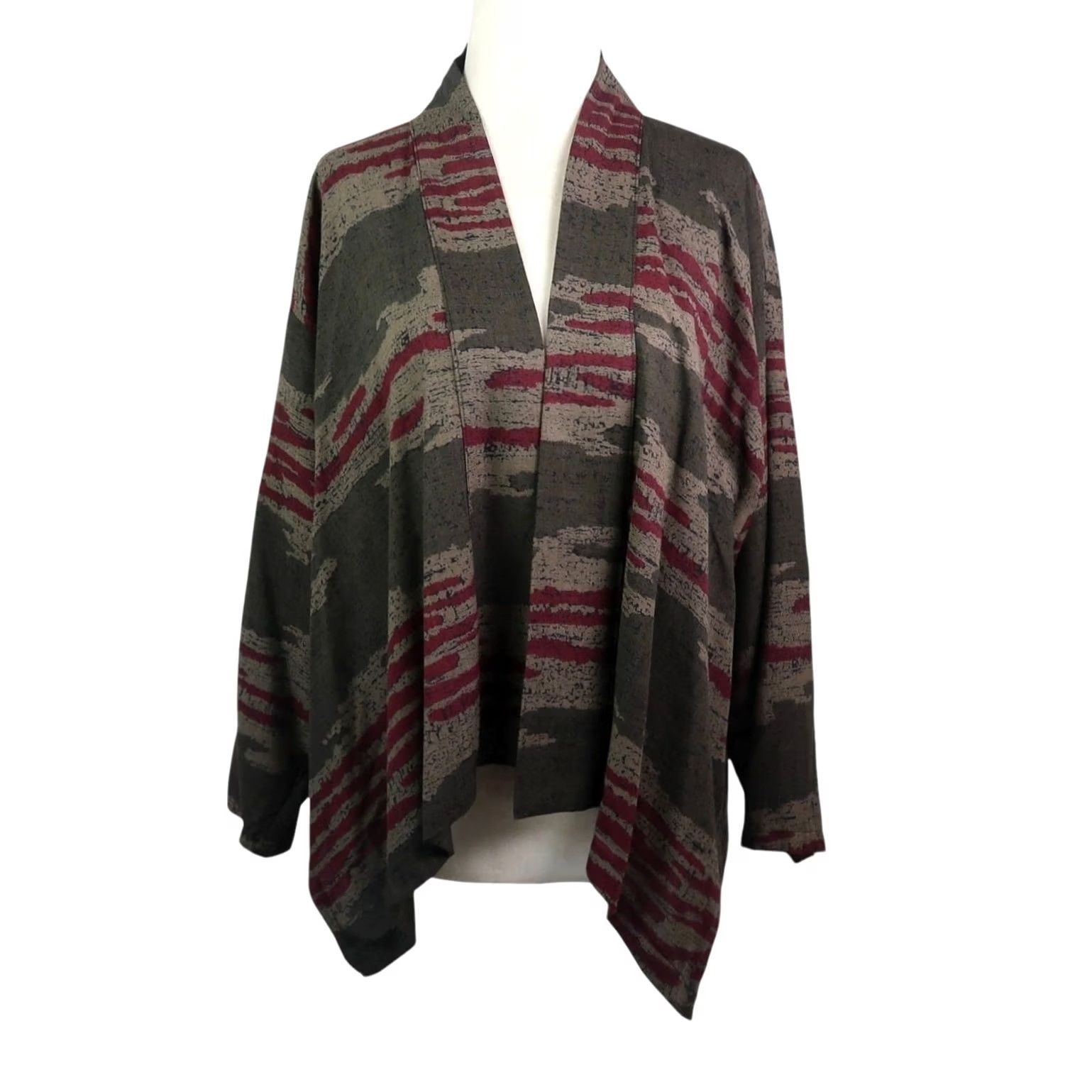 Vintage VINTAGE 90s Brown and Red Abstract Print Short Kimono Top Blouse Women's M Rayon Bohemian Kimono Style Shirt Size M / US 6-8 / IT 42-44 - 2 Thumbnail
