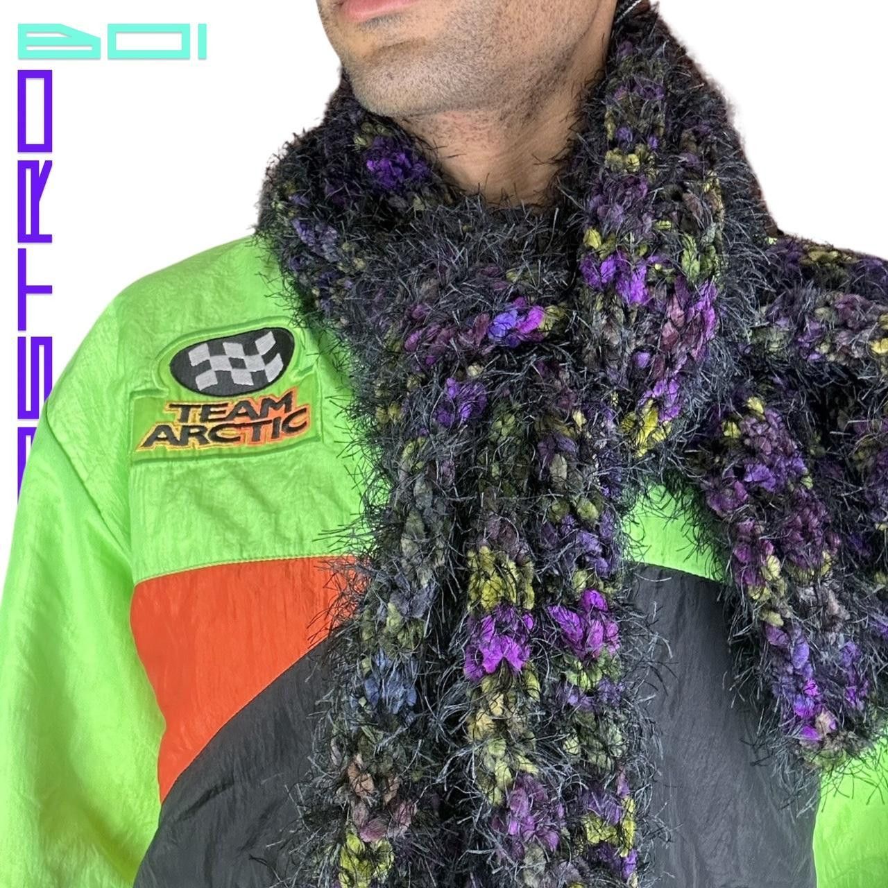 Other VINTAGE BLACK EYELASH YARN RIBBED PURPLE/GREEN WINTER SCARF Size ONE SIZE - 2 Thumbnail