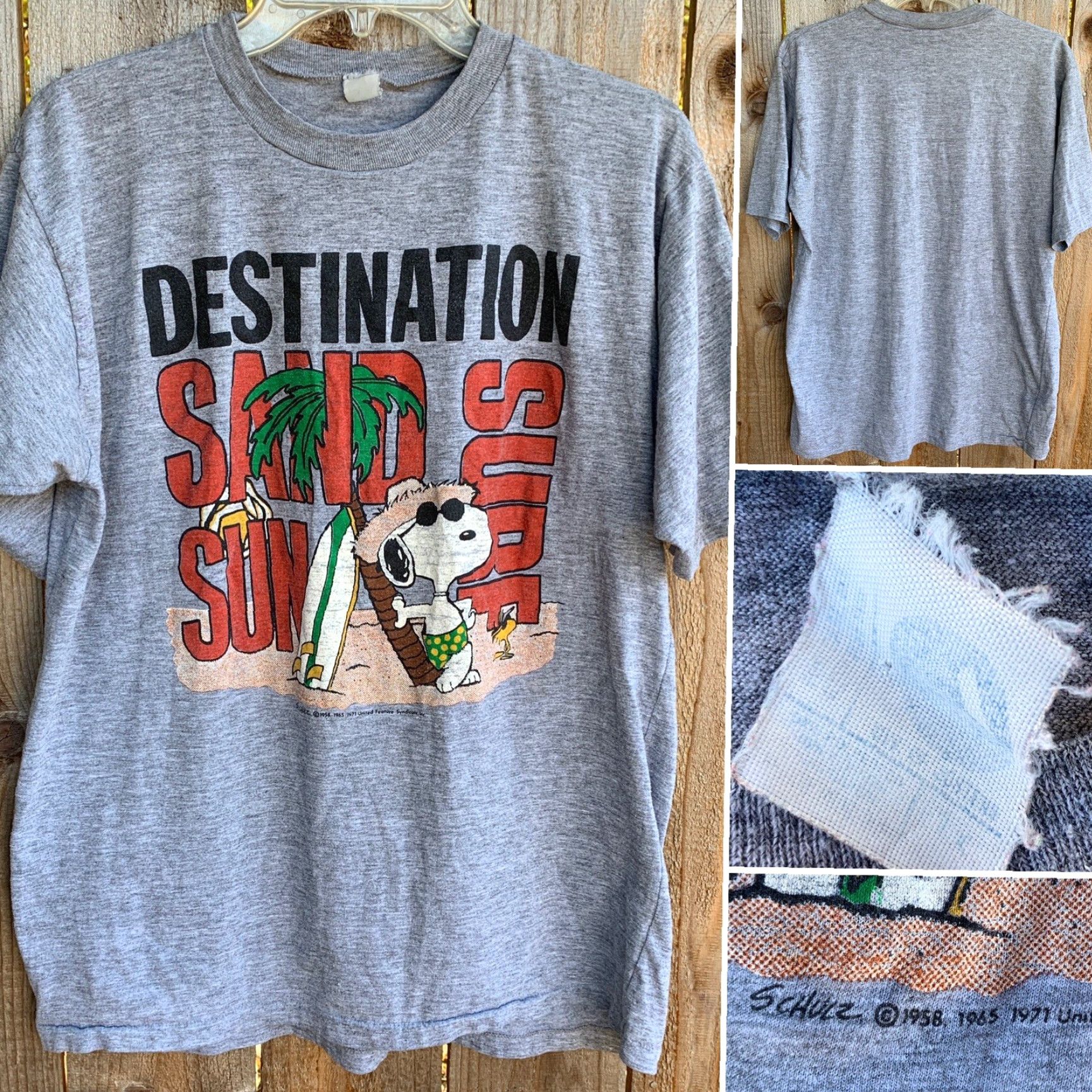 Vintage VINTAGE Artex Snoopy Woodstock Single Stitch T-Shirt Gray Sand Surf Beach Beachwear Mens L Size US L / EU 52-54 / 3 - 6 Thumbnail