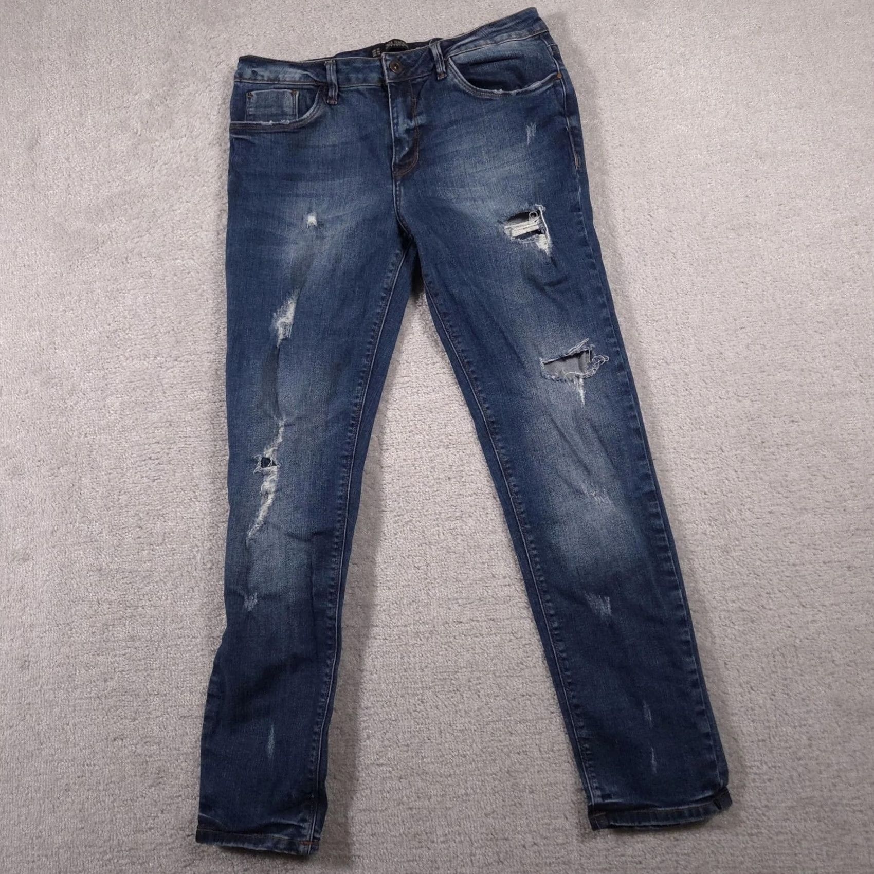 Zara Zara Trafaluc Denim Jeans Womens 6 Blue Medium Wash Distressed Ripped Skinny TRF Zip Pocket Pockets Slim Rise Mid Inseam 28in Crew Size 28" / US 6 / IT 42 - 2 Thumbnail