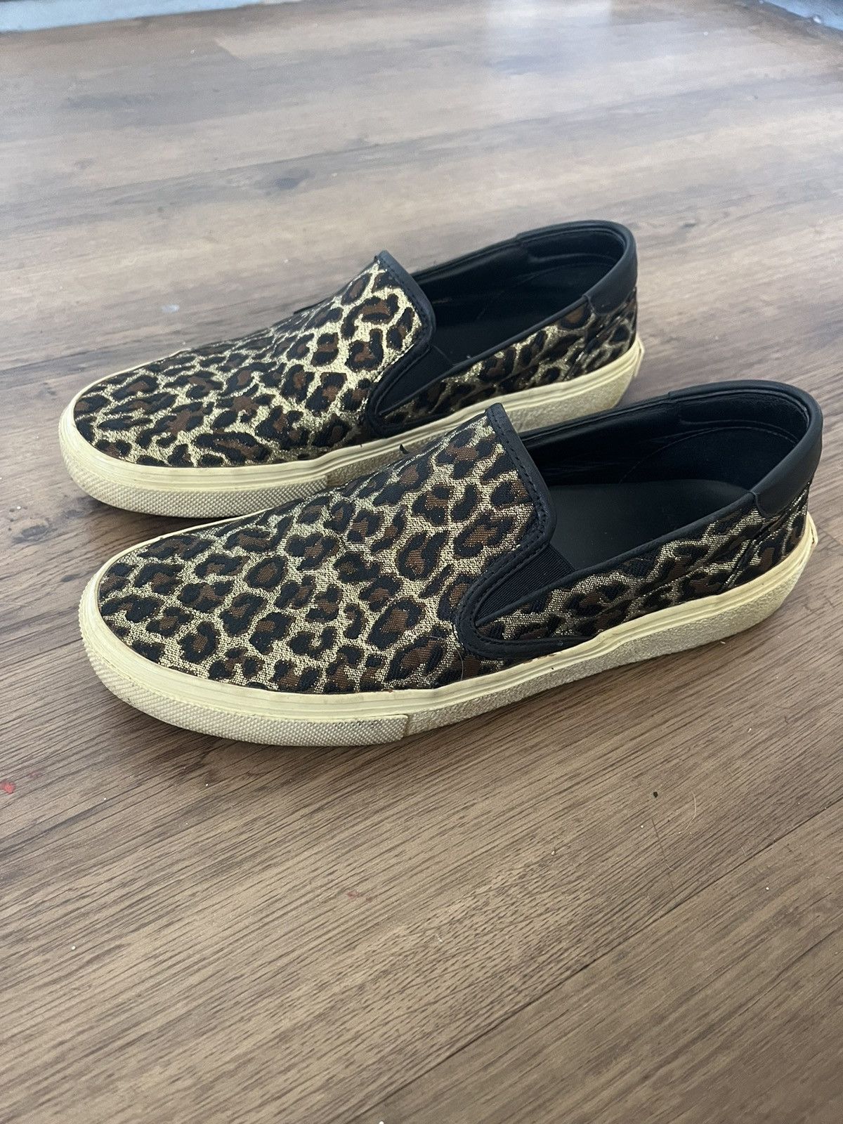 image of Saint Laurent Paris Saint Laurent Metallic Leopard Print Slip On Shoes in Brown, Men's (Size 7)