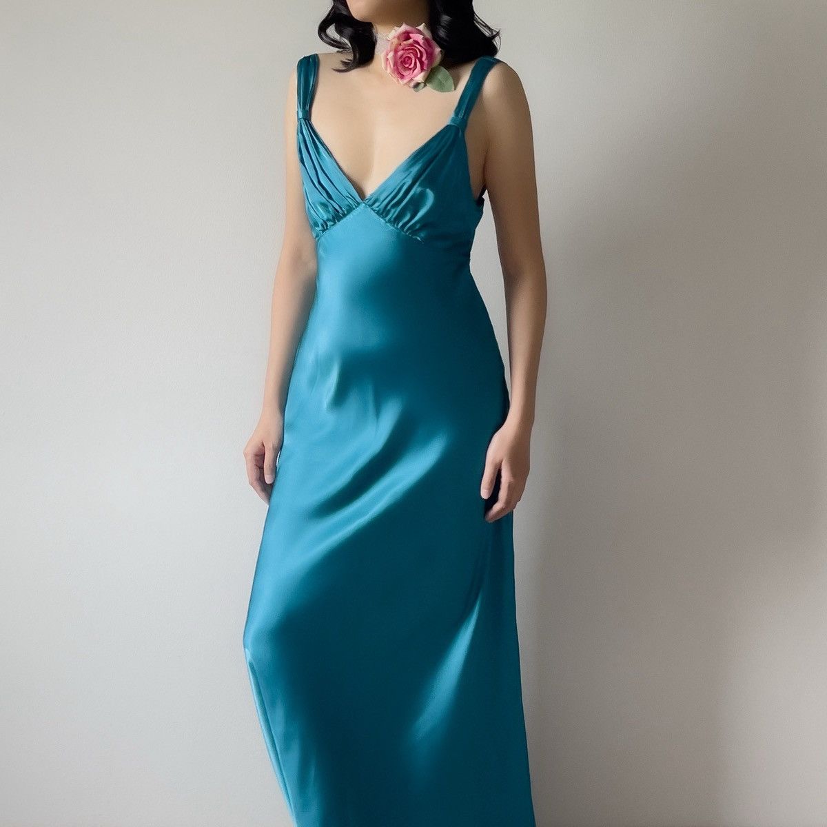 Vintage Vintage Jonquil Teal Satin Slip Gown (M–L) Size L / US 10 / IT 46 - 3 Thumbnail