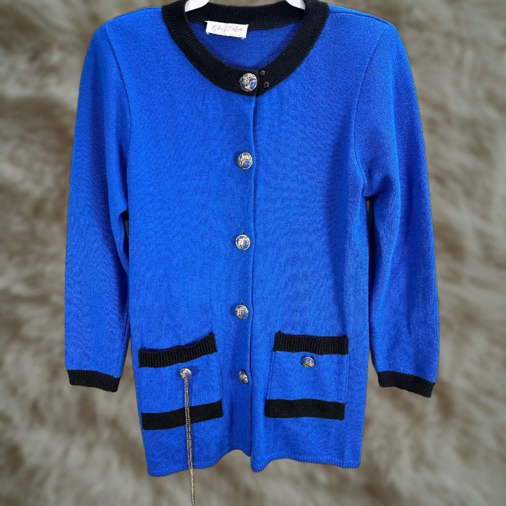 Vintage VINTAGE Gray Rose Blue Black Knit Jacket Sz XS Shoulder Pads Buttoned Jacket Womens Fashion Basic Jacket Size XS / US 0-2 / IT 36-38 - 1 Thumbnail