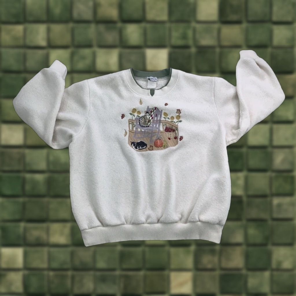 Vintage VINTAGE BonWorth Sweatshirt Cat Embroidered Grandma Collar Large Fall Autumn Knit Ivory Long Sleeve Pullover 90s Womens Size L / US 10 / IT 46 - 1 Thumbnail