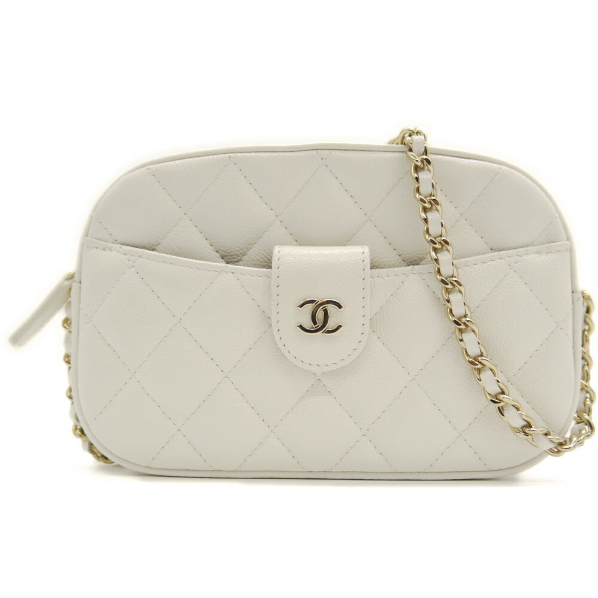 CHANEL Matelasse Chain Shoulder Bag Caviar Skin Coco Mark White AP3998