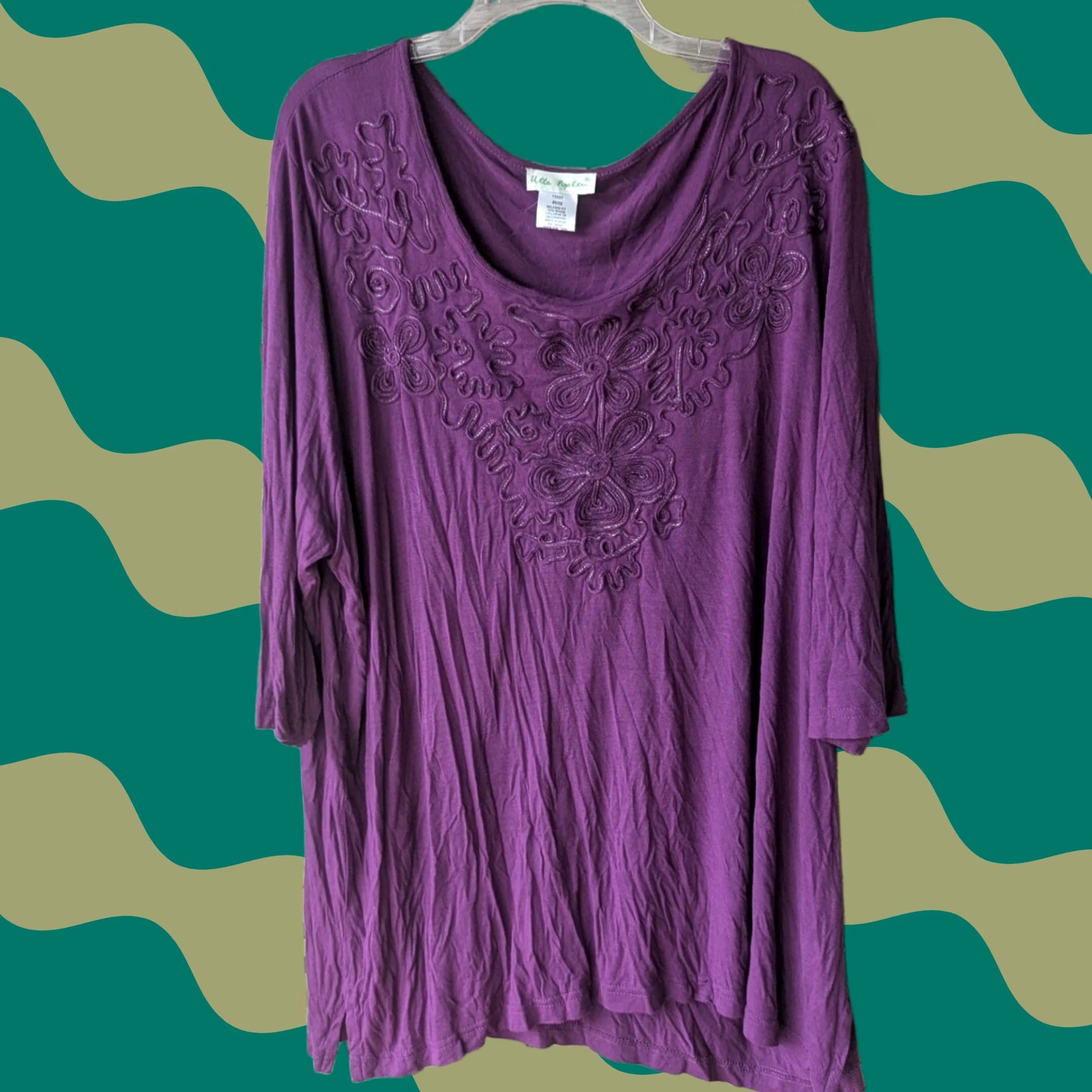 Vintage Ulla Popken Purple Tunic Top 3/4 Sleeve Embroidered Rayon Scoop Neck Plus Size 20W Casual Boho Size 3XL / US 20-22 - 1 Thumbnail
