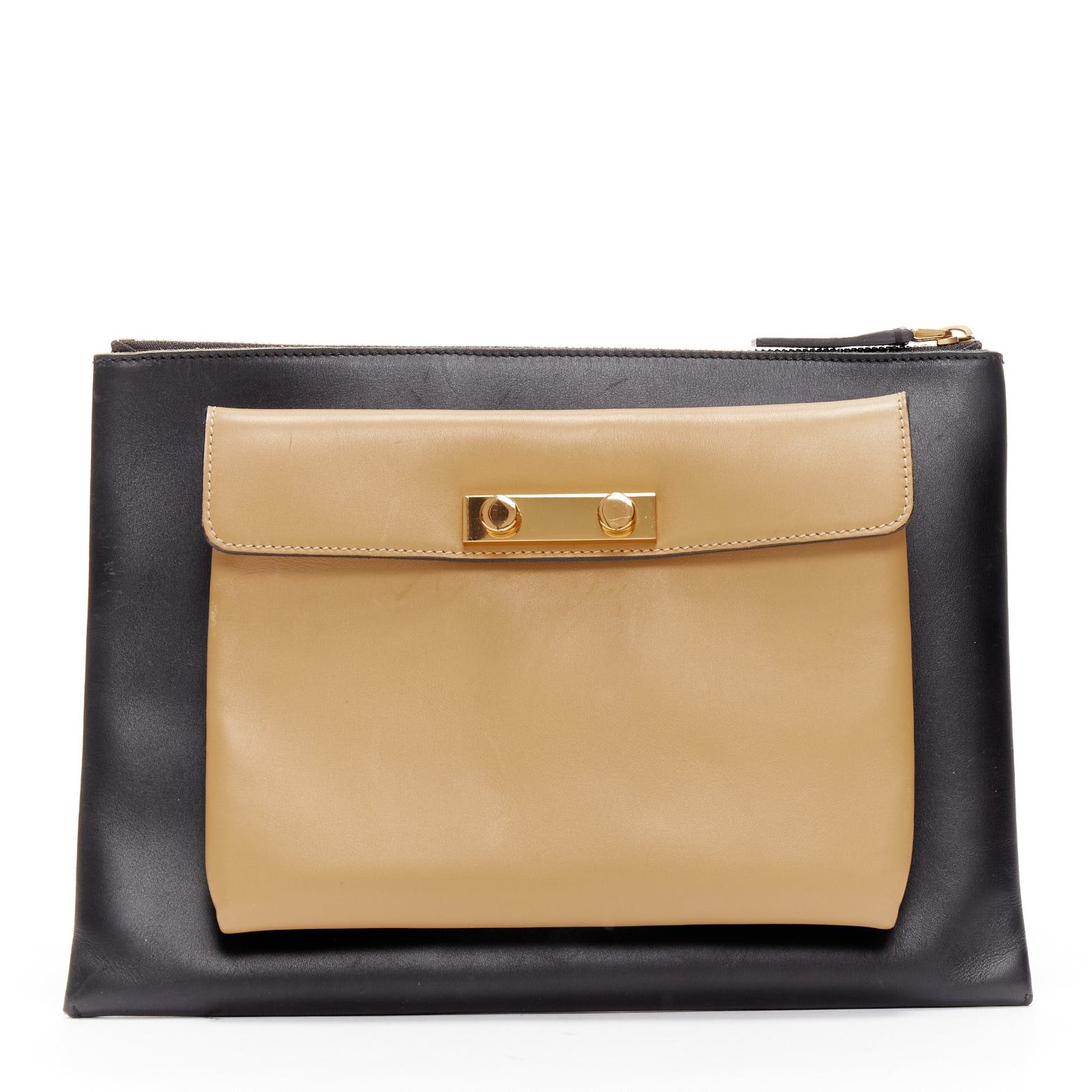 Marni MARNI beige black smooth leather gold stud buckle dual oversized zip clutch bag Size ONE SIZE - 1 Thumbnail