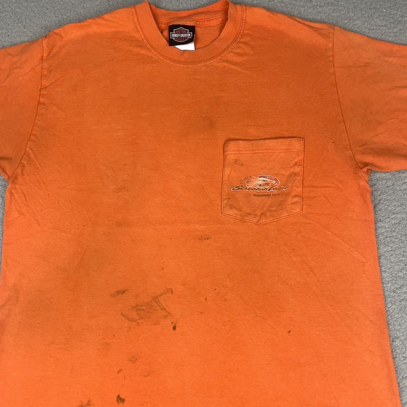 Harley Davidson VINTAGE Harley-Davidson Tshirt Adult M Orange Pocket Distressed NY Med* Shirt Mens"} Size US M / EU 48-50 / 2 - 2 Thumbnail