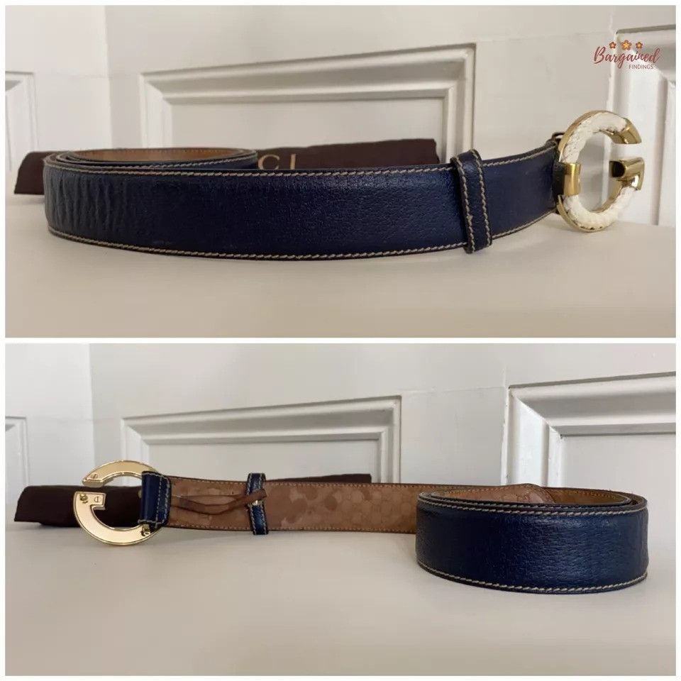 Gucci GUCCI Navy Calfskin Leather Gold Braided G Logo Buckle Belt Size 32 - 10 Thumbnail