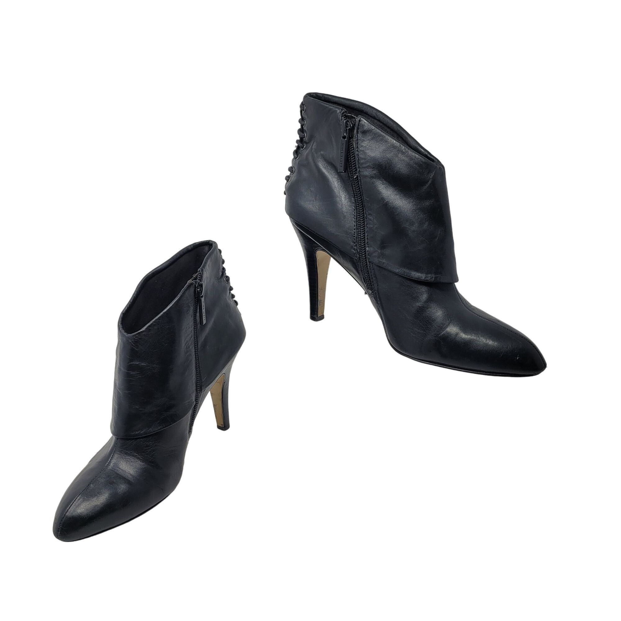 Nine West Leather Ankle Booties 7.5 Black Cuffed Corset Heel