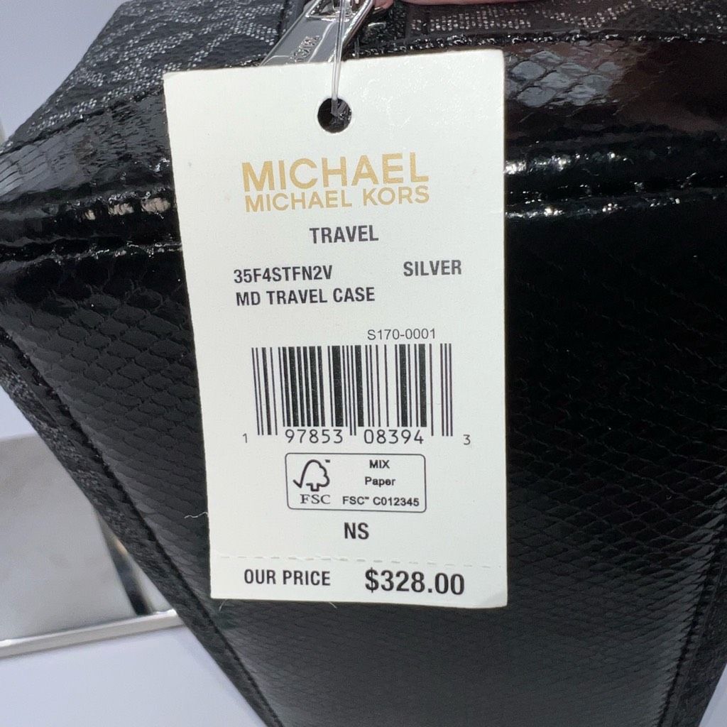 Michael Kors Michael Kors Black and Silver MD Travel Case with Snakeskin Embossed Leather on bottom and Handle Size ONE SIZE - 12 Thumbnail