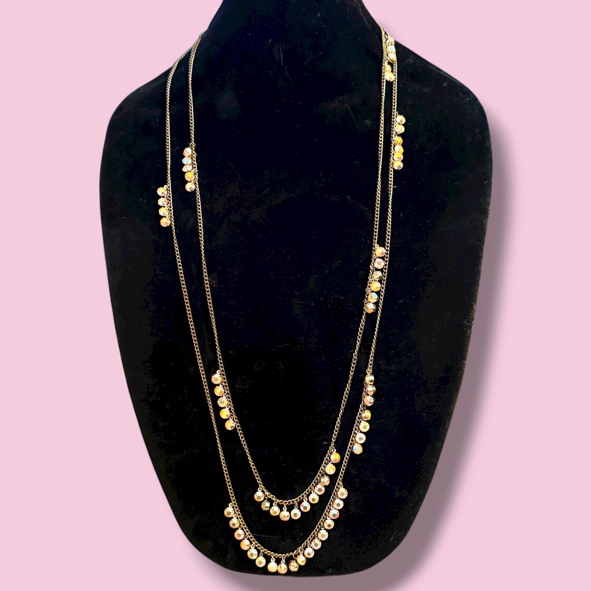 Other Long layered gold tone iridescent dangle rhinestone necklace Size ONE SIZE - 1 Thumbnail