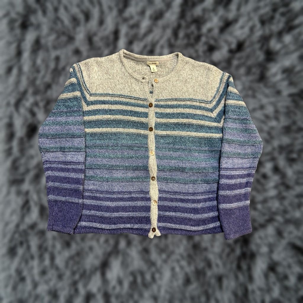 VINTAGE L.L. Bean Sweater Cardigan Womens M Petite Cotton Stripe Blue Button Front Crew Neck Long Sleeve