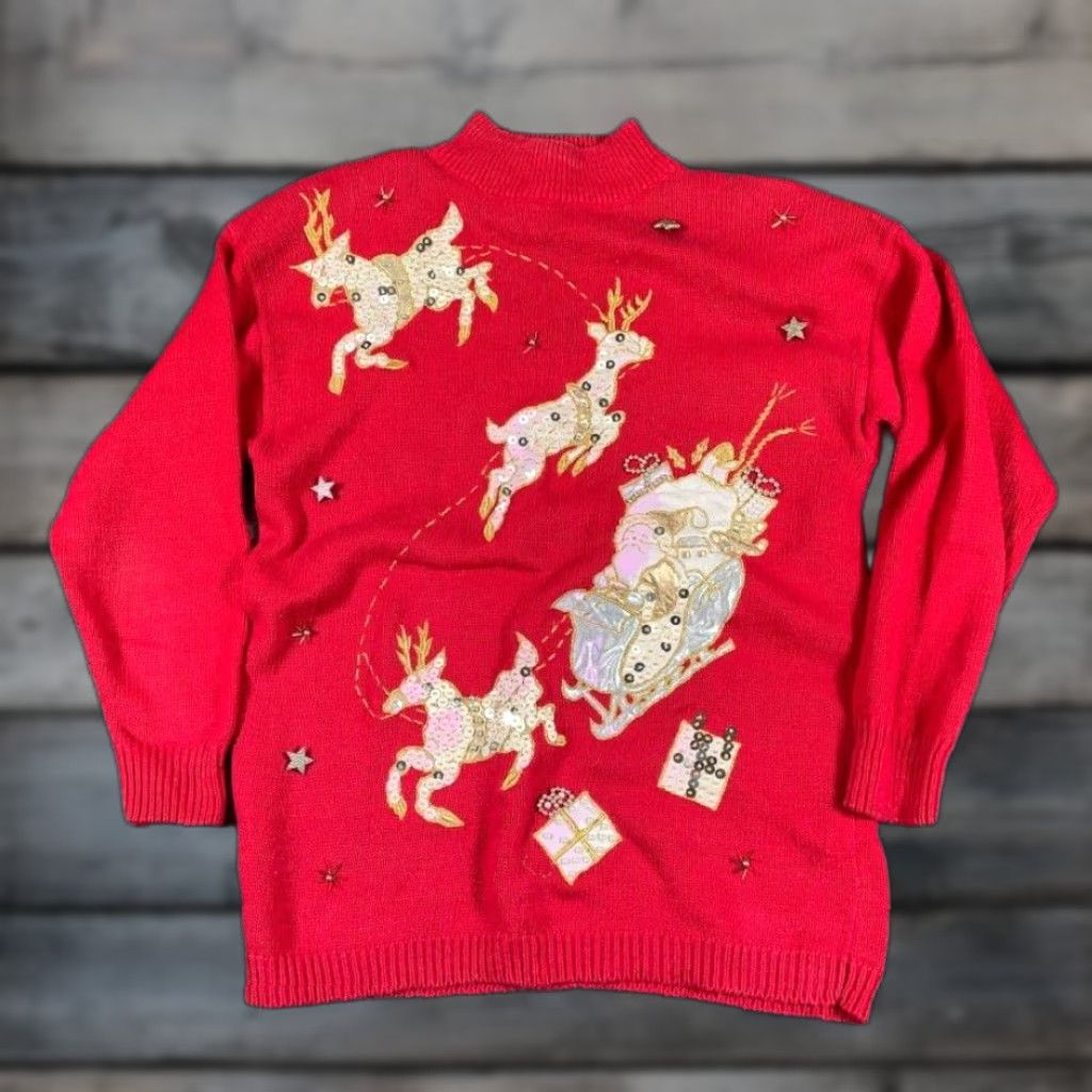 Vintage VINTAGE Christmas Sequined Reindeer Sweater Women's Medium Red Mock Neck Knit 90s Size M / US 6-8 / IT 42-44 - 1 Thumbnail