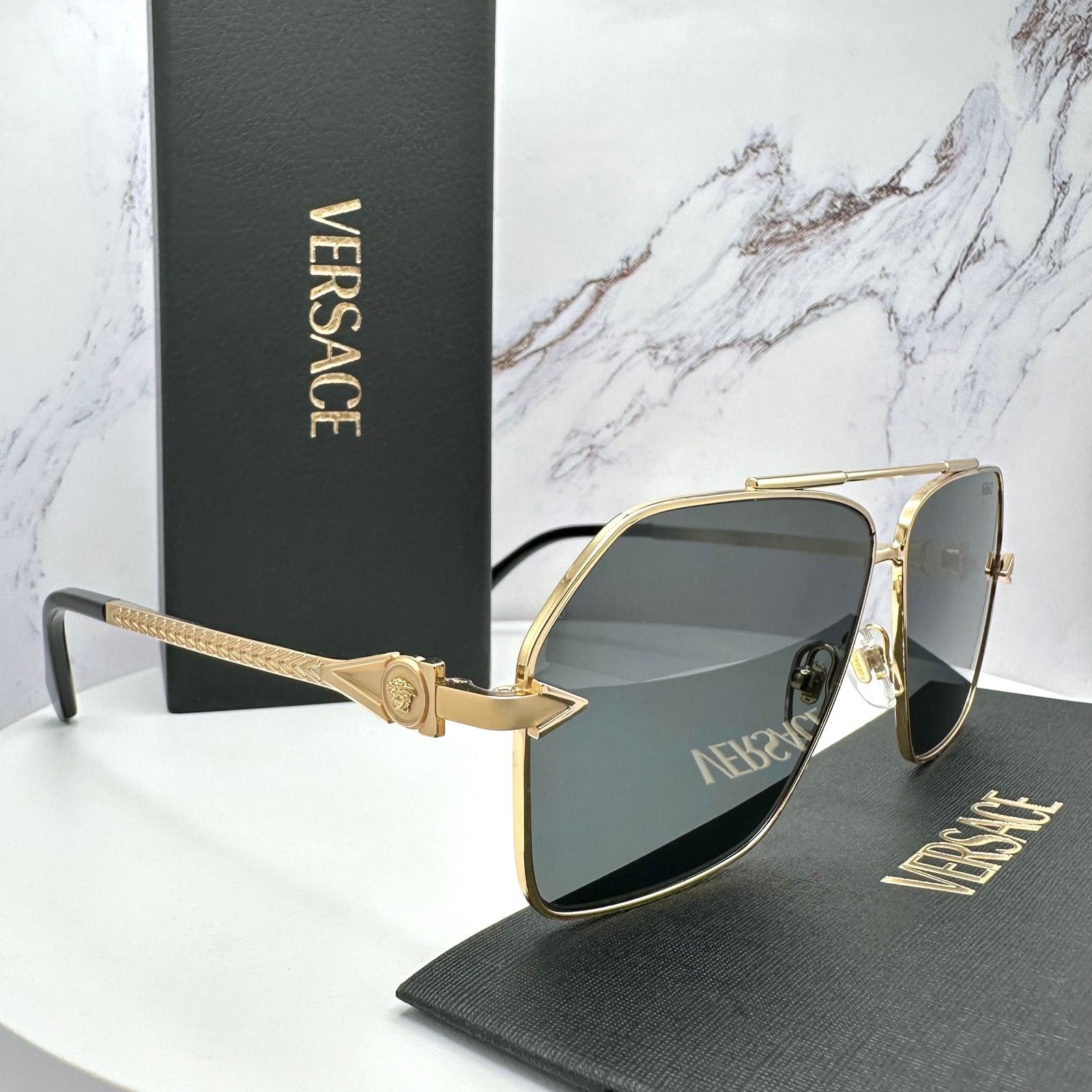 Versace New VERSACE Gold Metal Square Pilot Aviator Sunglasses Size ONE SIZE - 6 Thumbnail