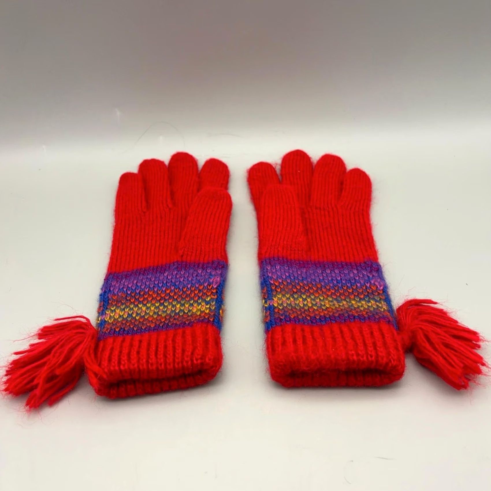 Vintage VINTAGE Aris Gloves Red Knit Fair Isle Tassel Winter Acrylic Womens One Size Size ONE SIZE - 2 Thumbnail
