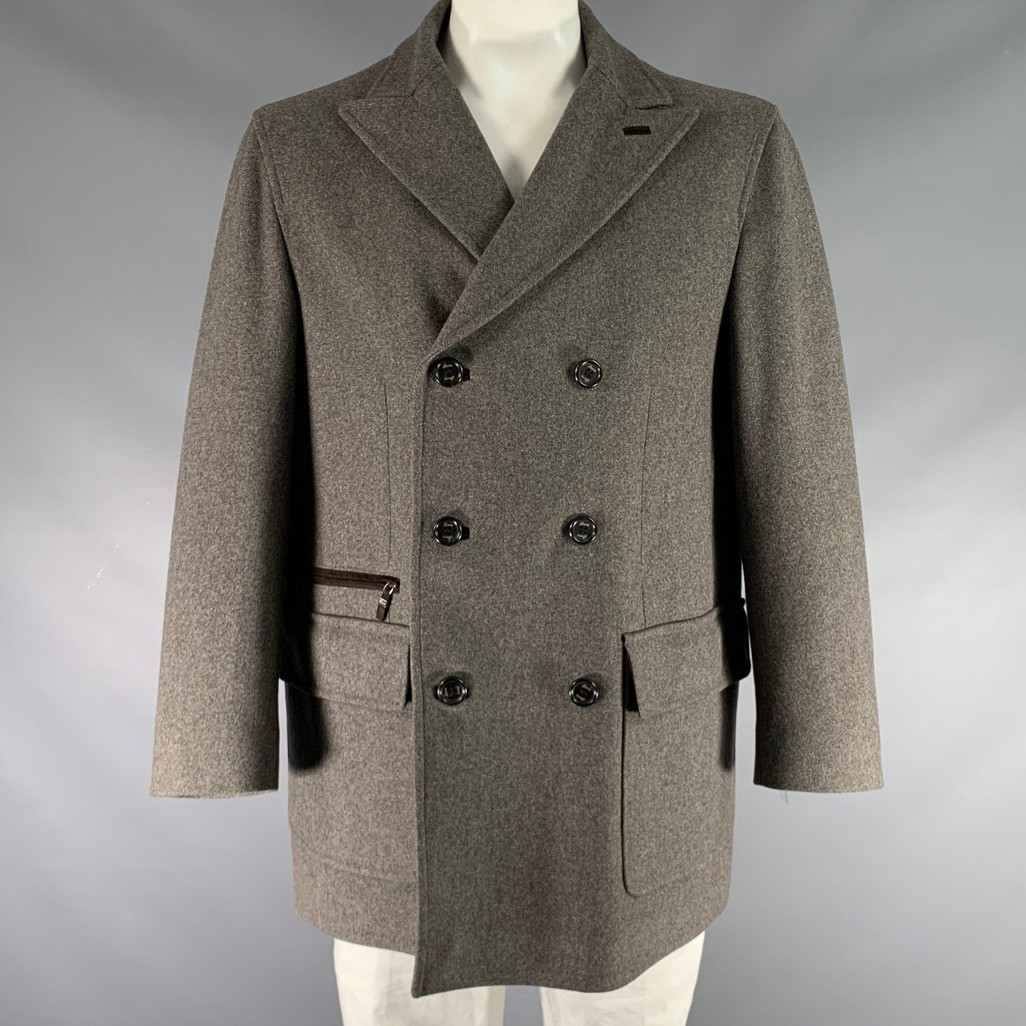 image of Brioni Grey Solid Wool Double Breasted Coat, Men's (Size 2XL)