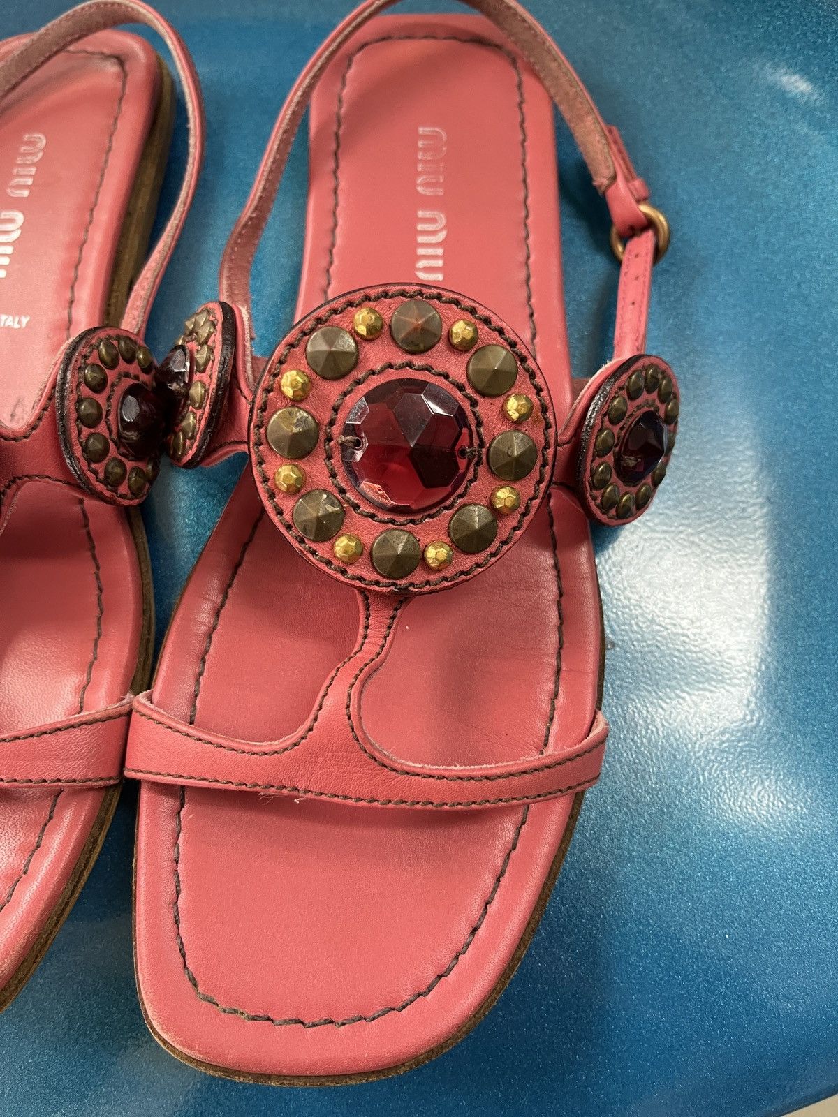 Prada Miu Miu Rare T-Strap Gemstud Leather Sandals Size US 5 / IT 35 - 3 Thumbnail