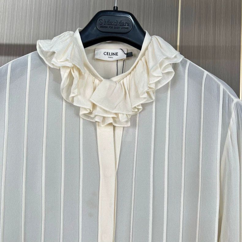 Celine Celine Ruffled Silk Shirt in OffWhite Size S / US 4 / IT 40 - 3 Thumbnail