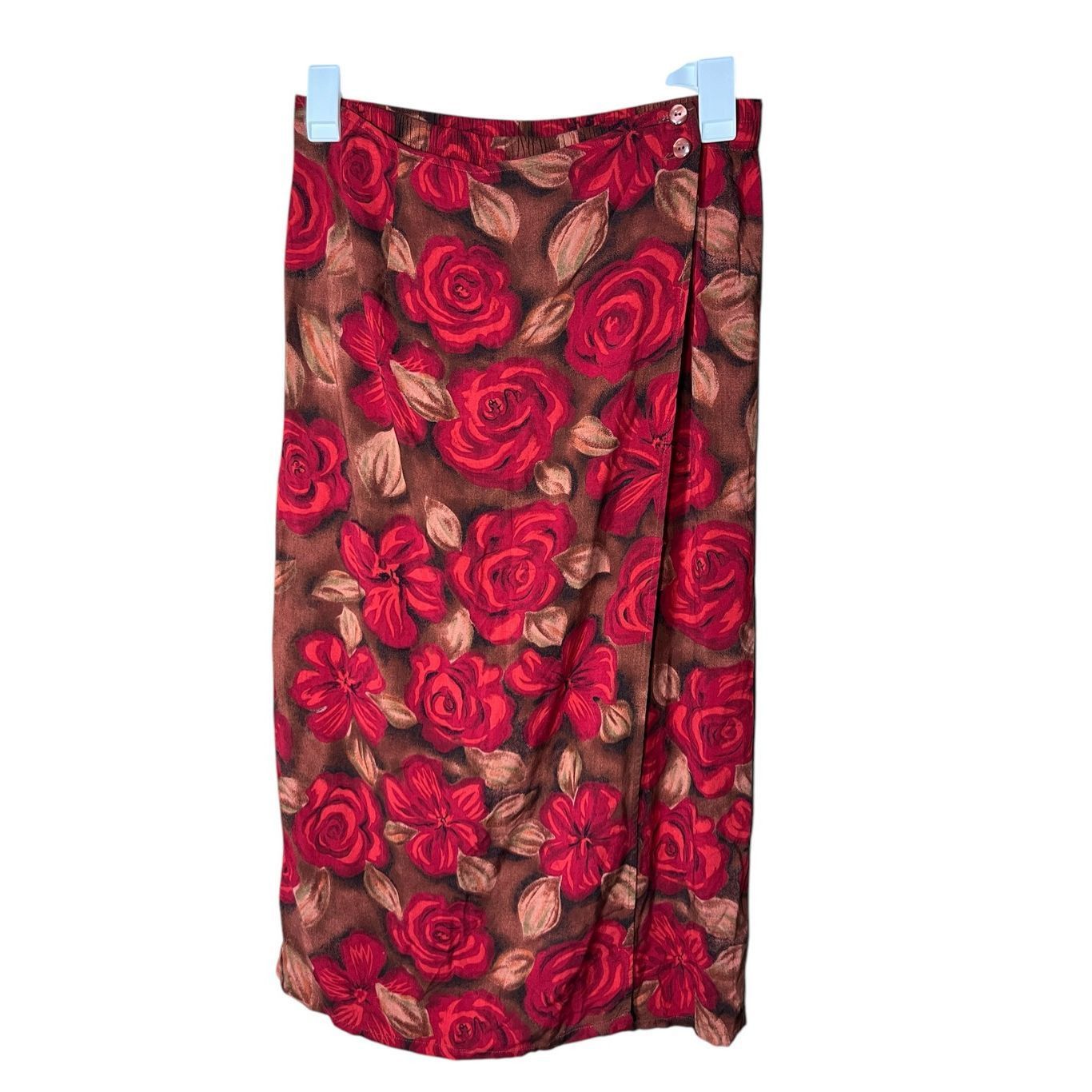 Other Vintage Sag Harbor Petite Red Roses Brown Long Skirt Faux Wr Size 31" - 1 Thumbnail