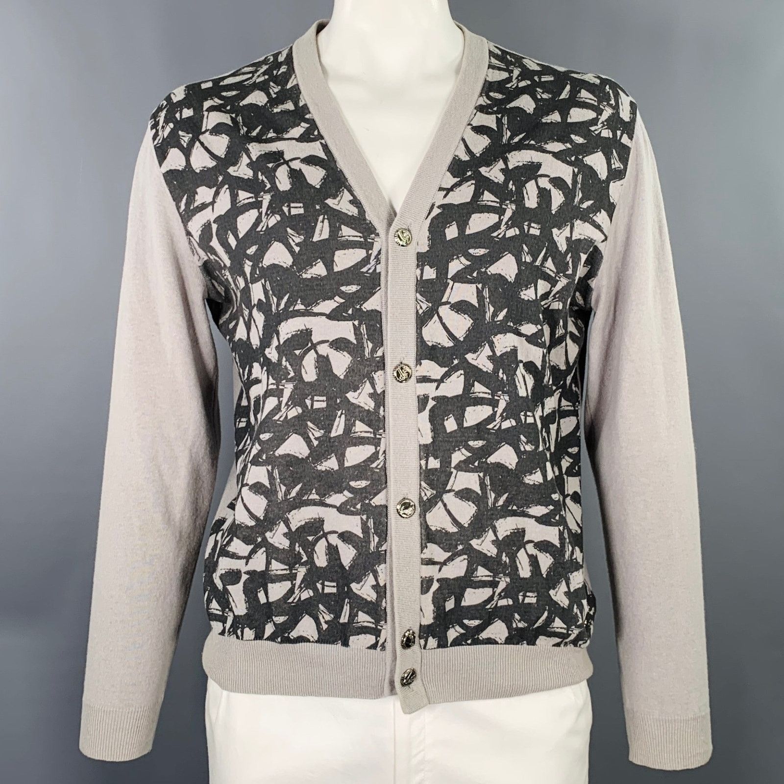 Versace Size XL Grey Black Graffiti Cotton Linen Knit Cardigan Size US XL / EU 56 / 4 - 1 Thumbnail