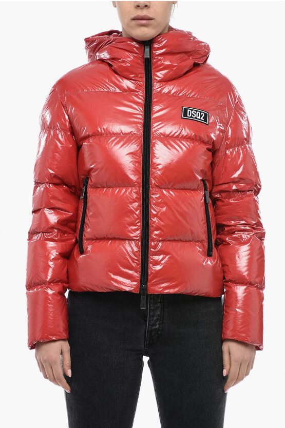 image of Dsquared2 Varnish Effect Down Jacket With Logo Patch in Red, Women's (Size XS)