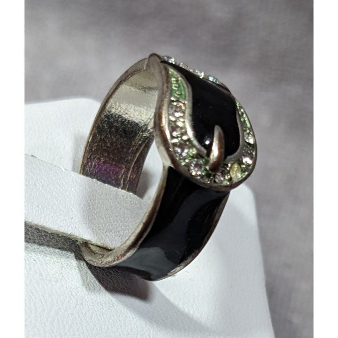 Other Gothic Buckle Ring Silver Tone With Black Enamel And Rhinest Size ONE SIZE - 7 Thumbnail