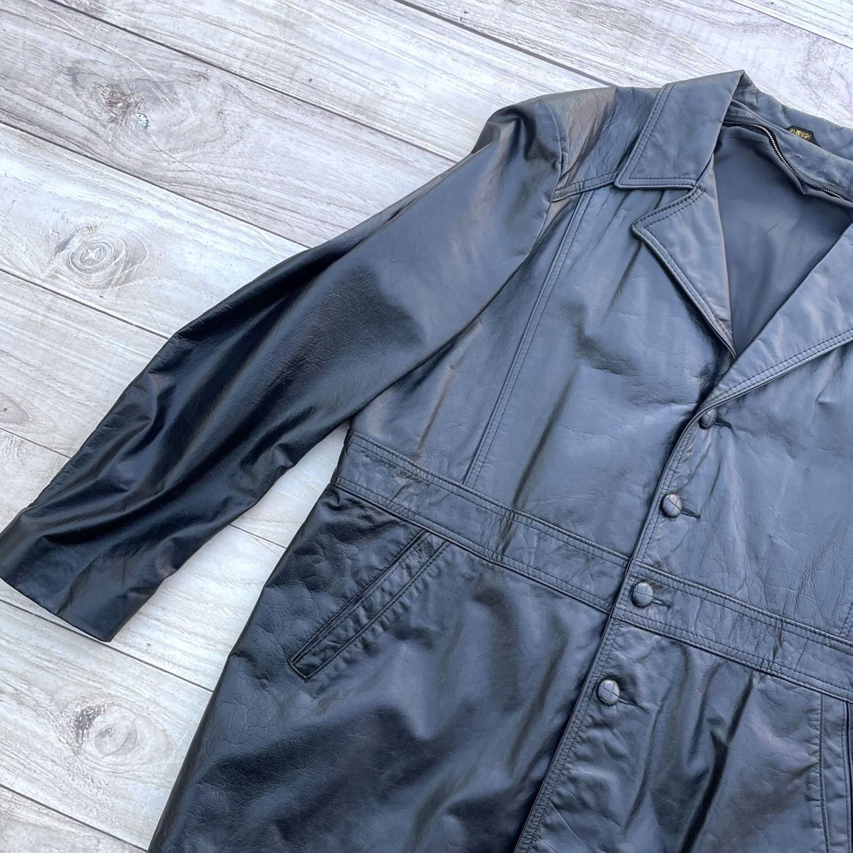 Vintage VINTAGE Leather Jacket Unbranded Long Jacket 42R Black Mens Womens Regular 4 Button Spread Collar Retro Leather Jacket Long Sleeve Blazer Coat Size US XS / EU 42 / 0 - 4 Thumbnail