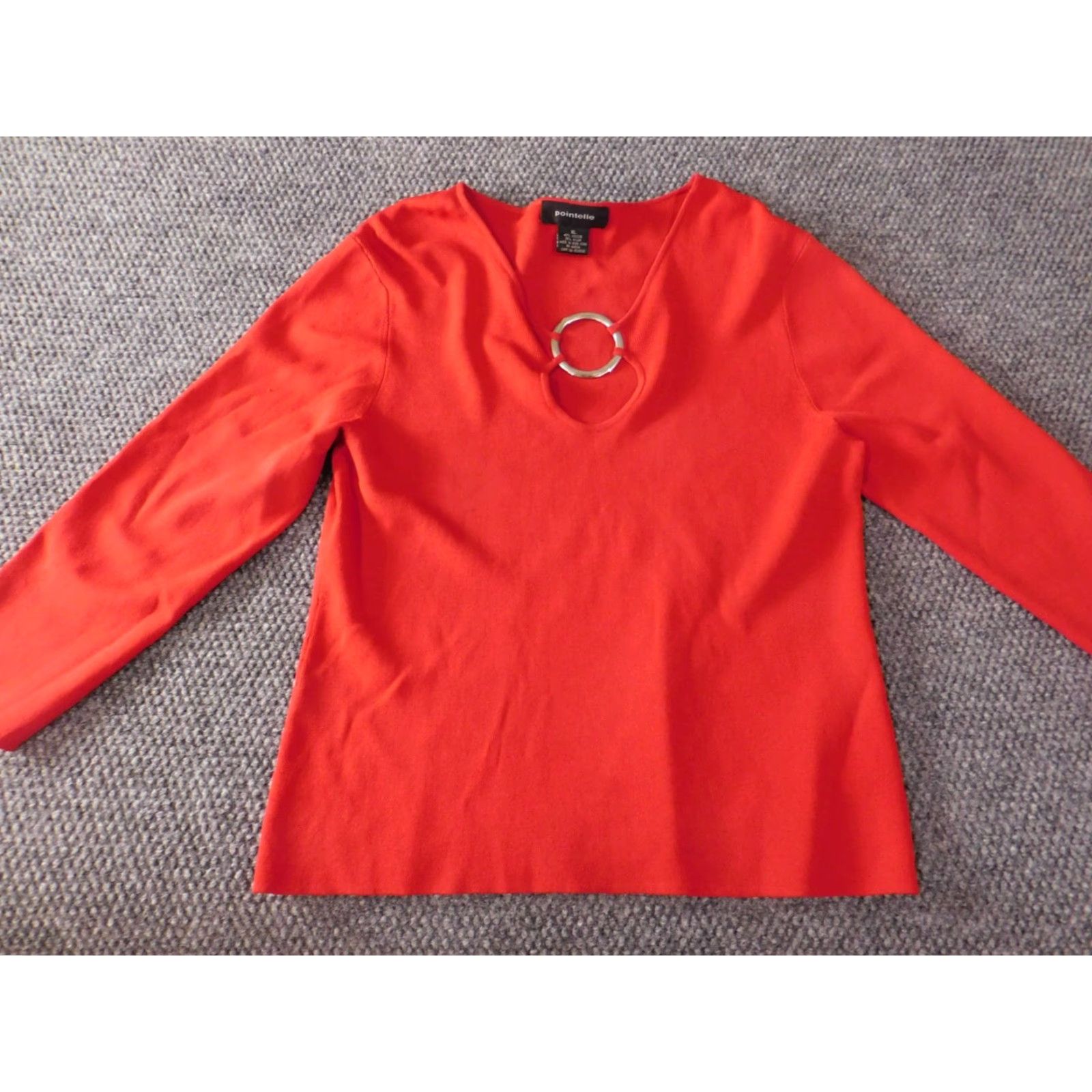 Vintage Pointelle Blouse Womens XL Red Crew Neck Long Sleeve Pullover Stretch Ruffle Casual Navy Size XL / US 12-14 / IT 48-50 - 6 Thumbnail