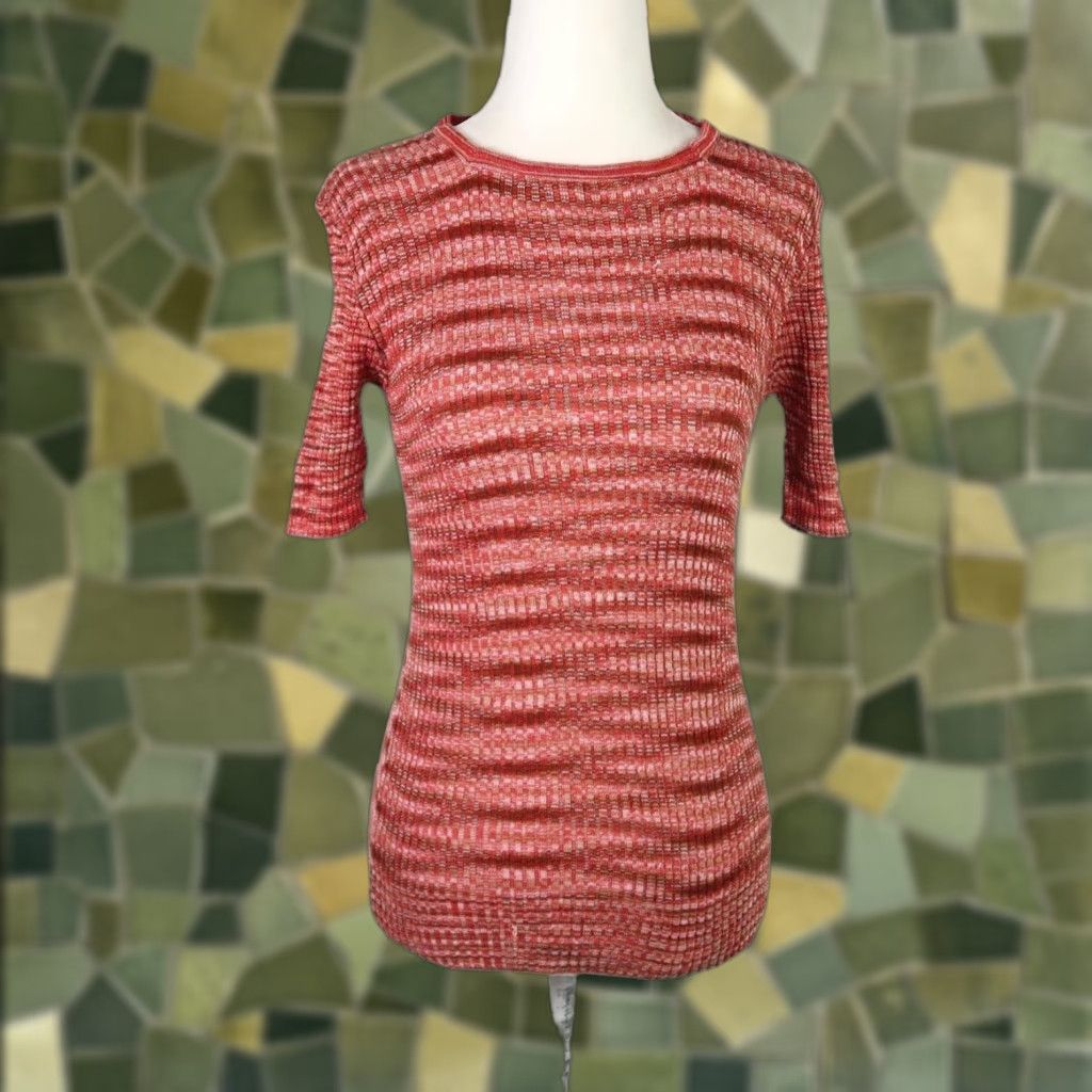 Vintage VINTAGE Elli red and cream marled rib knit short sleeve sweater top L Size L / US 10 / IT 46 - 1 Thumbnail
