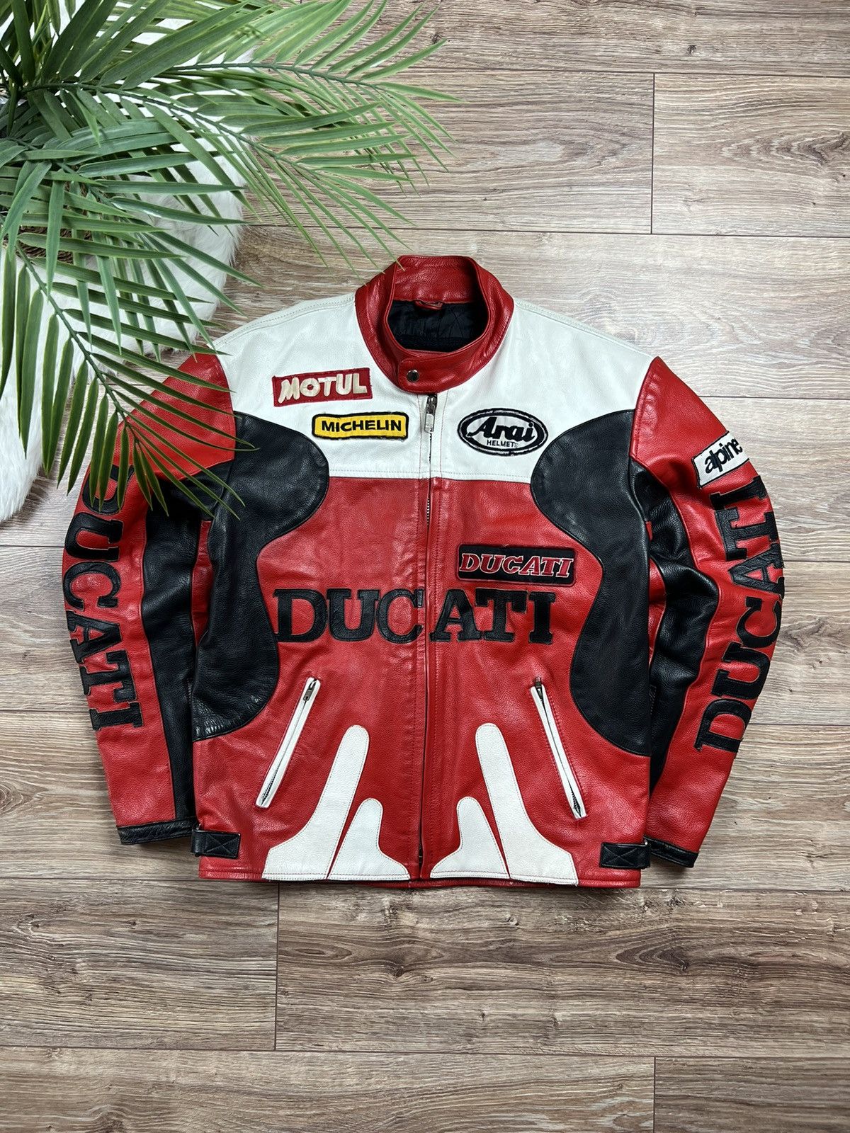 image of 90’S Ducati Vintage Spellout Racing Leather Jacket in Red, Men's (Size Medium)