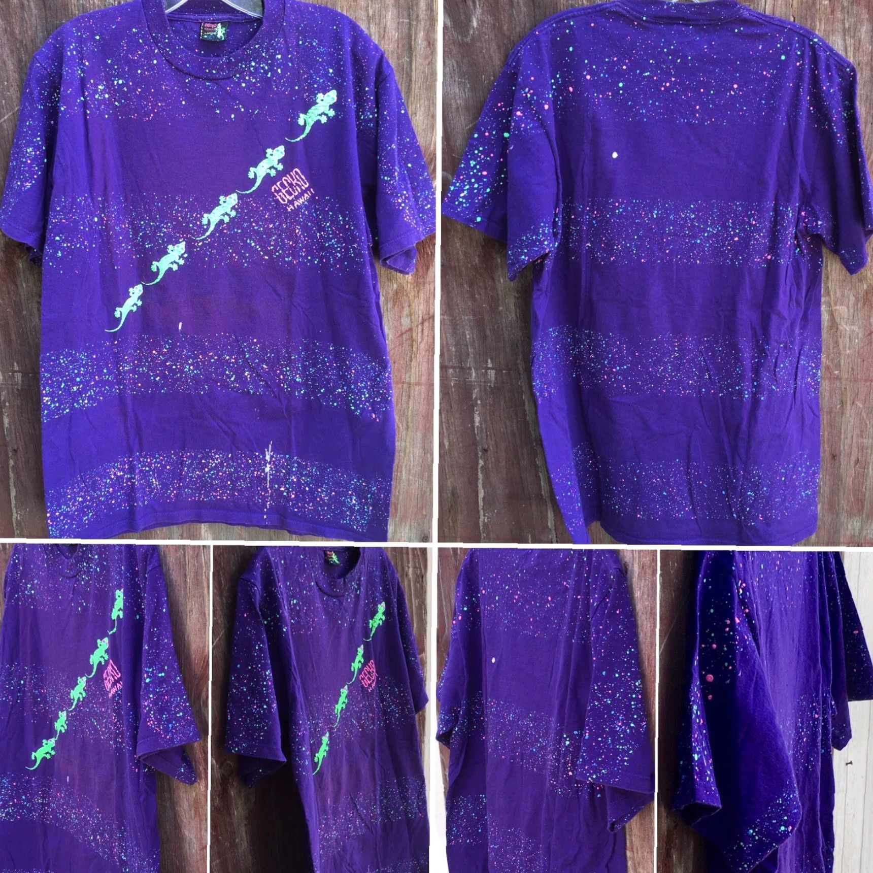 Vintage VINTAGE Gecko Hawaii T-Shirt Mens L Purple Neon Graphics Happy Shirts Geckos Puff Paint 80s 90s Neon Splatter Striped Animals Hawaiian Size US L / EU 52-54 / 3 - 6 Thumbnail