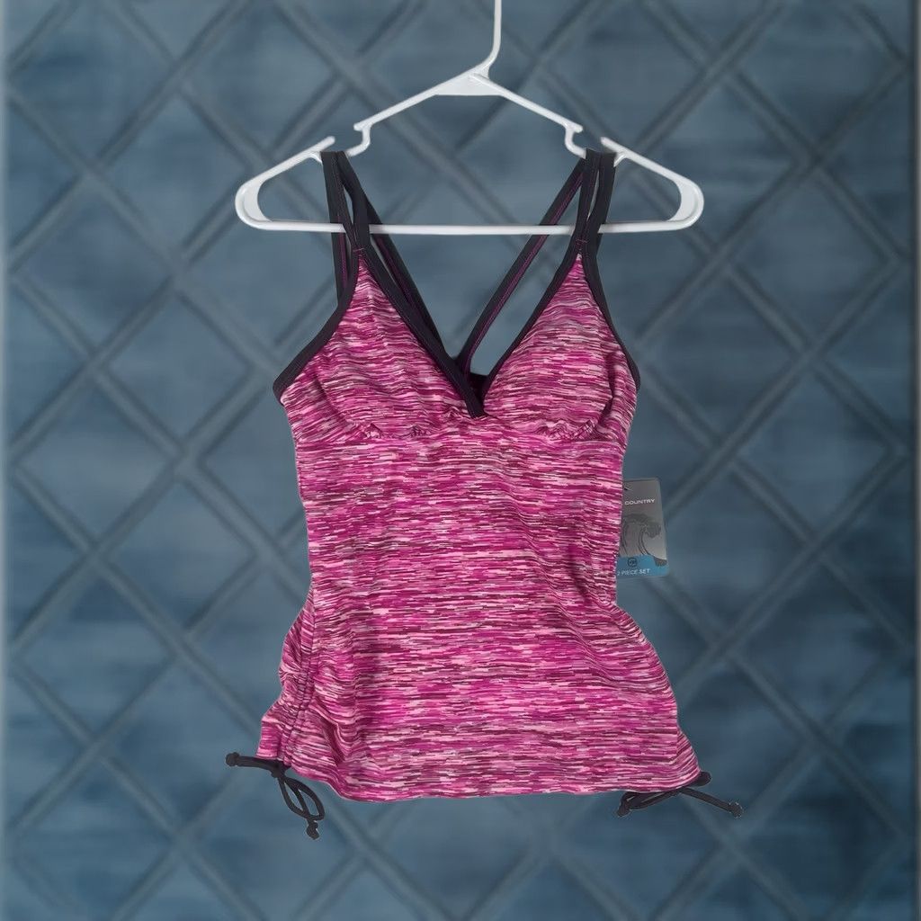 Free Country Free Country Tankini Swim Top Womens S Pink Striped Padded Ruched Spaghetti Straps NWT Size S / US 4 / IT 40 - 1 Thumbnail