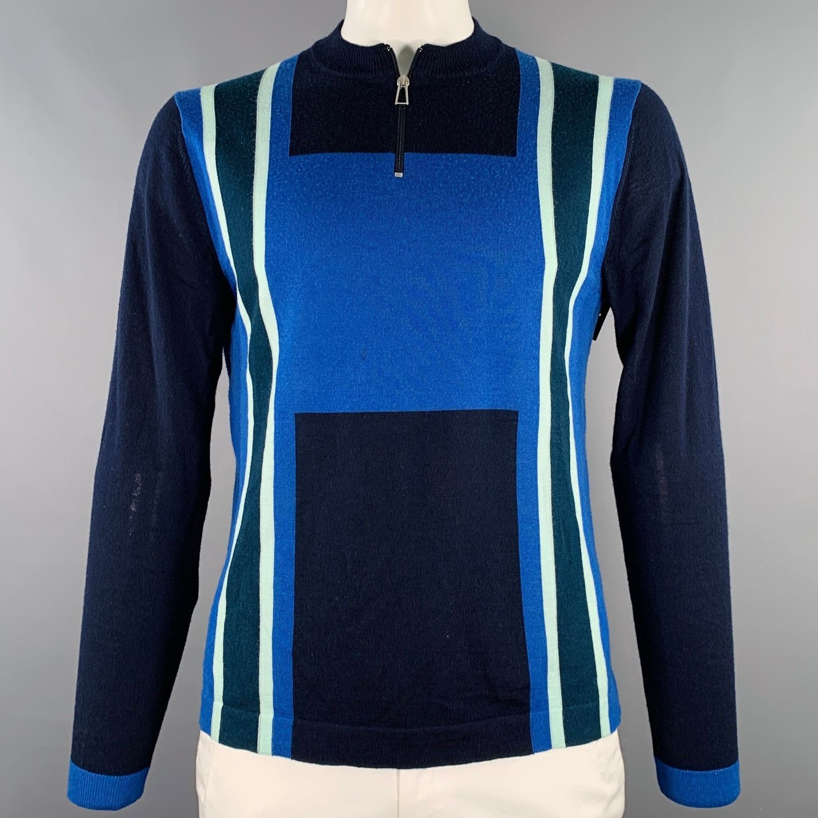 Paul Smith Size L Blue Navy Color Block Merino Wool Half Zip Pullover Size US L / EU 52-54 / 3 - 1 Thumbnail