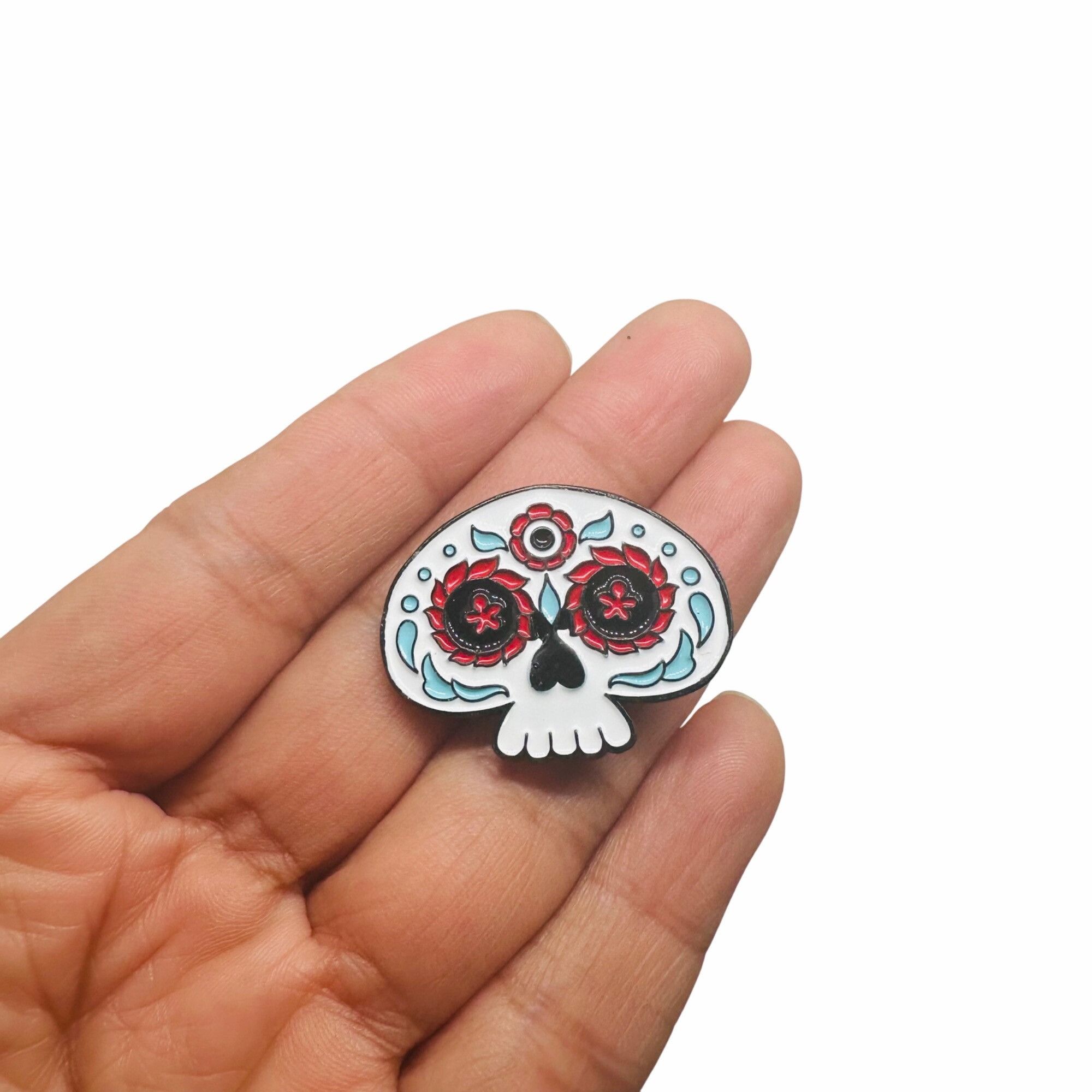 Other Sugar Skull Enamel Pin Dia de Muertos Red & White Flowers Bl Size ONE SIZE - 2 Thumbnail