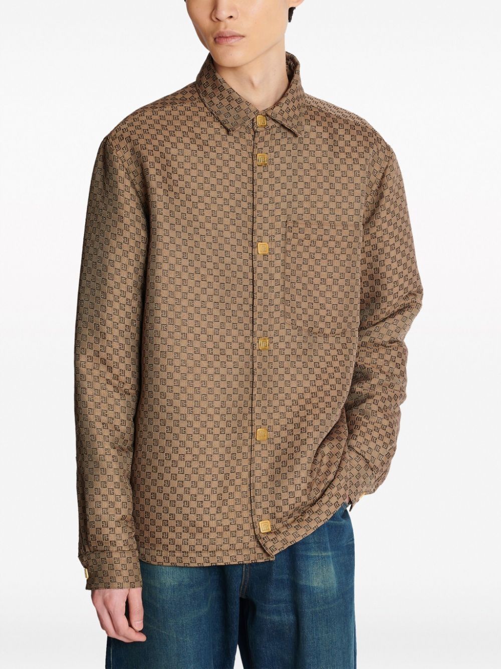 Balmain o1s1wg111025 PB Monogram Shirt Jacket in Camel Brown Size US S / EU 44-46 / 1 - 3 Thumbnail